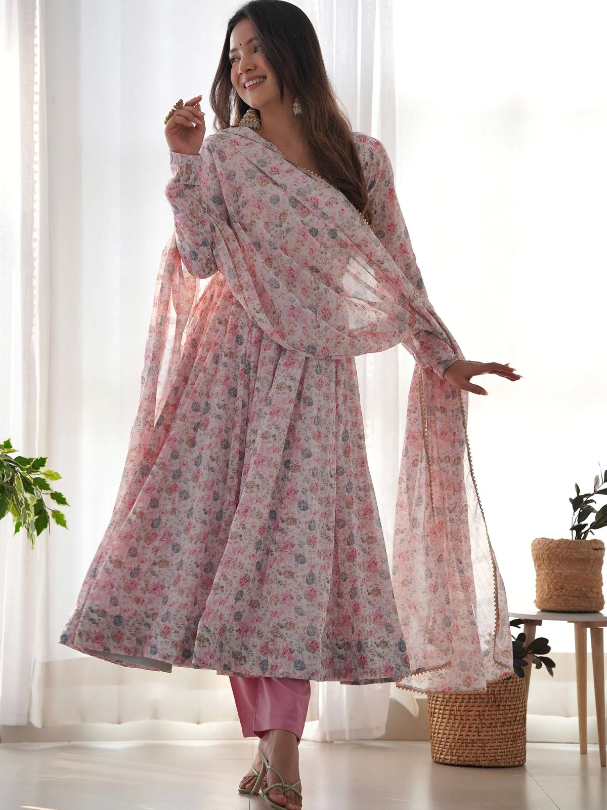 Pink Lovable Digital Printed Chiffon Festival Wear Anarkali Suit for Women