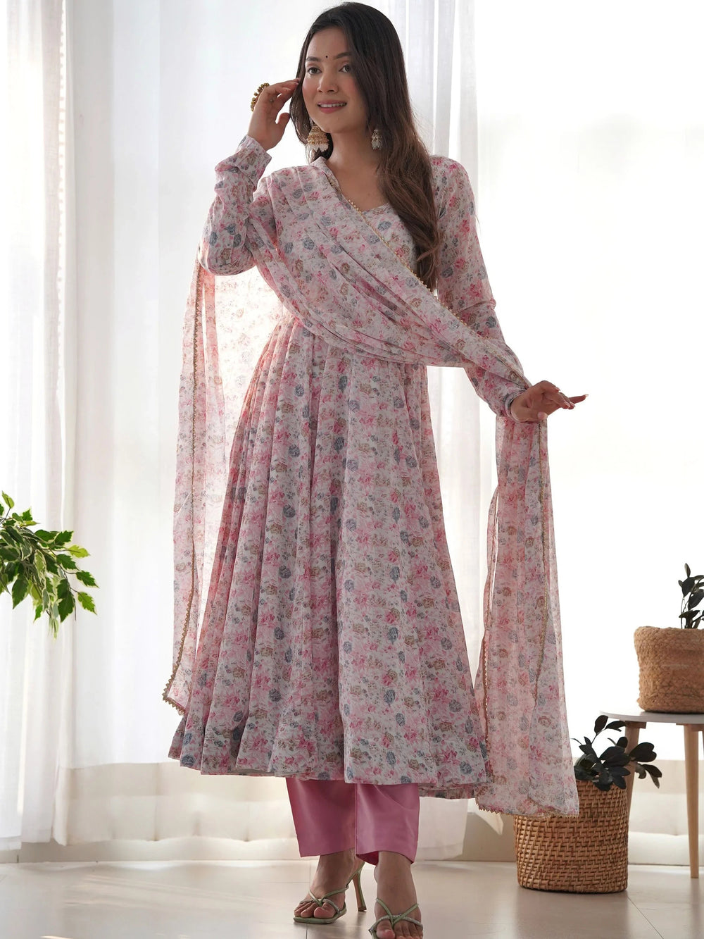 Pink Lovable Digital Printed Chiffon Festival Wear Anarkali Suit for Women