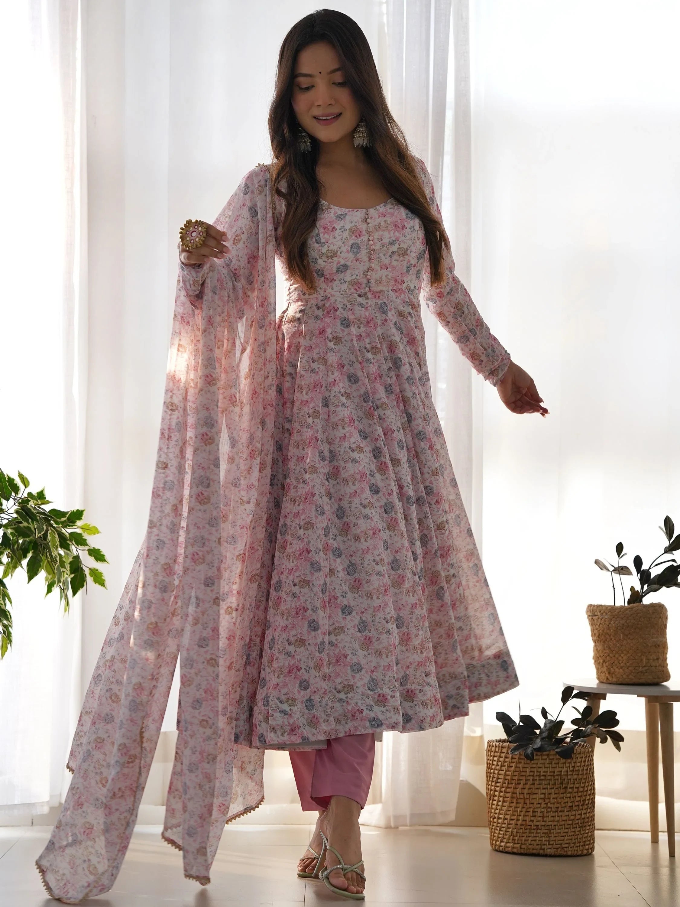 Pink Lovable Digital Printed Chiffon Festival Wear Anarkali Suit for Women