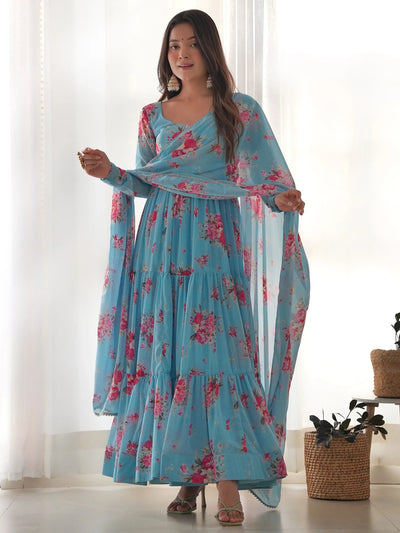 Sky Blue Stylish Floral Printed Georgette Anarkali Pant Suit