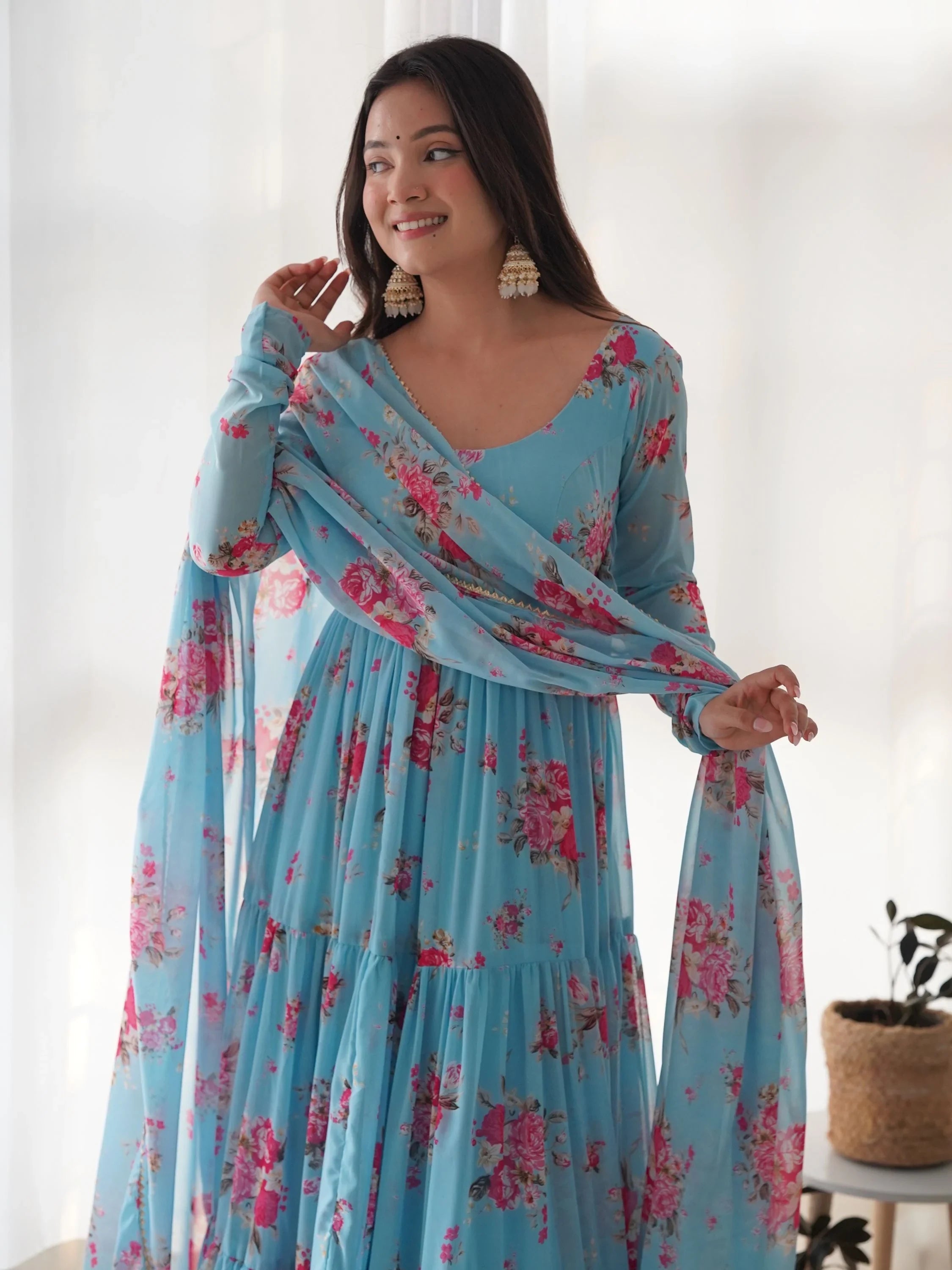 Sky Blue Stylish Floral Printed Georgette Anarkali Pant Suit