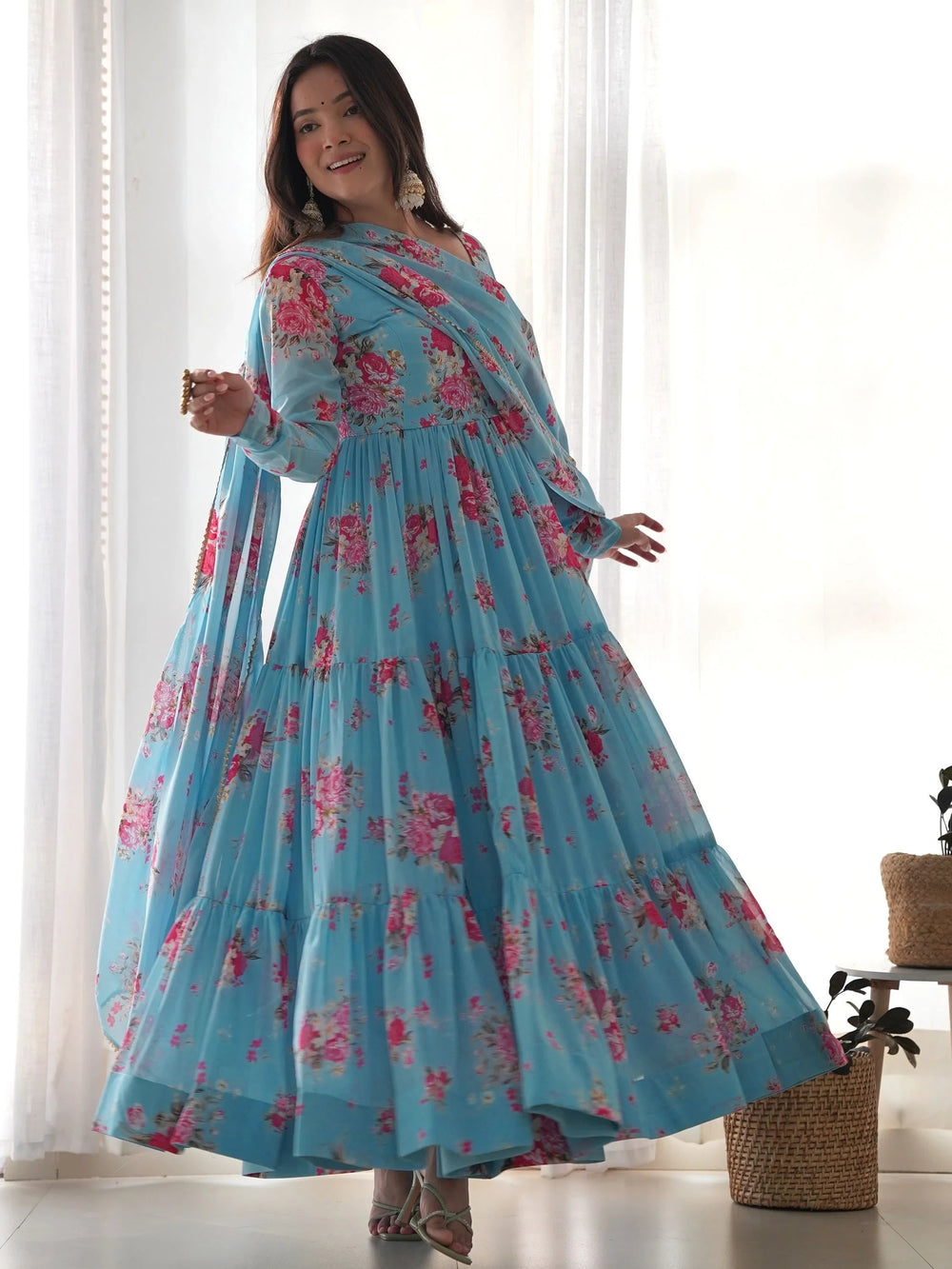 Sky Blue Stylish Floral Printed Georgette Anarkali Pant Suit