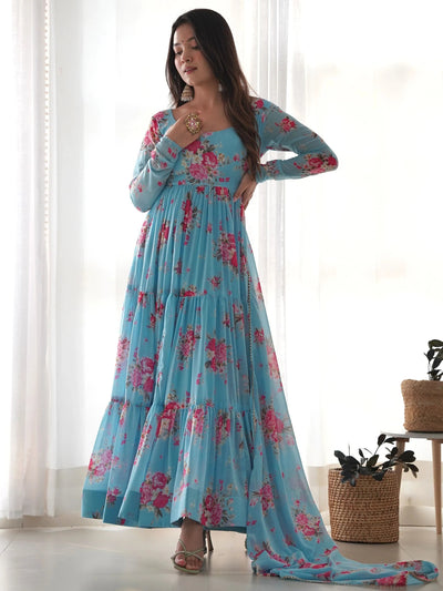 Sky Blue Stylish Floral Printed Georgette Anarkali Pant Suit