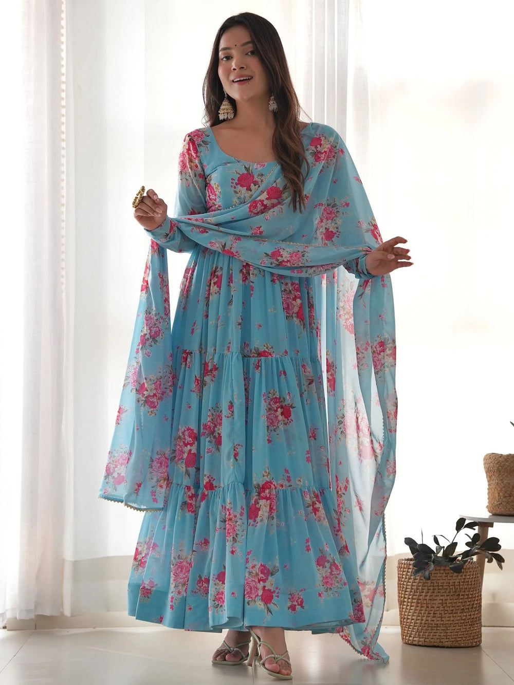 Sky Blue Stylish Floral Printed Georgette Anarkali Pant Suit