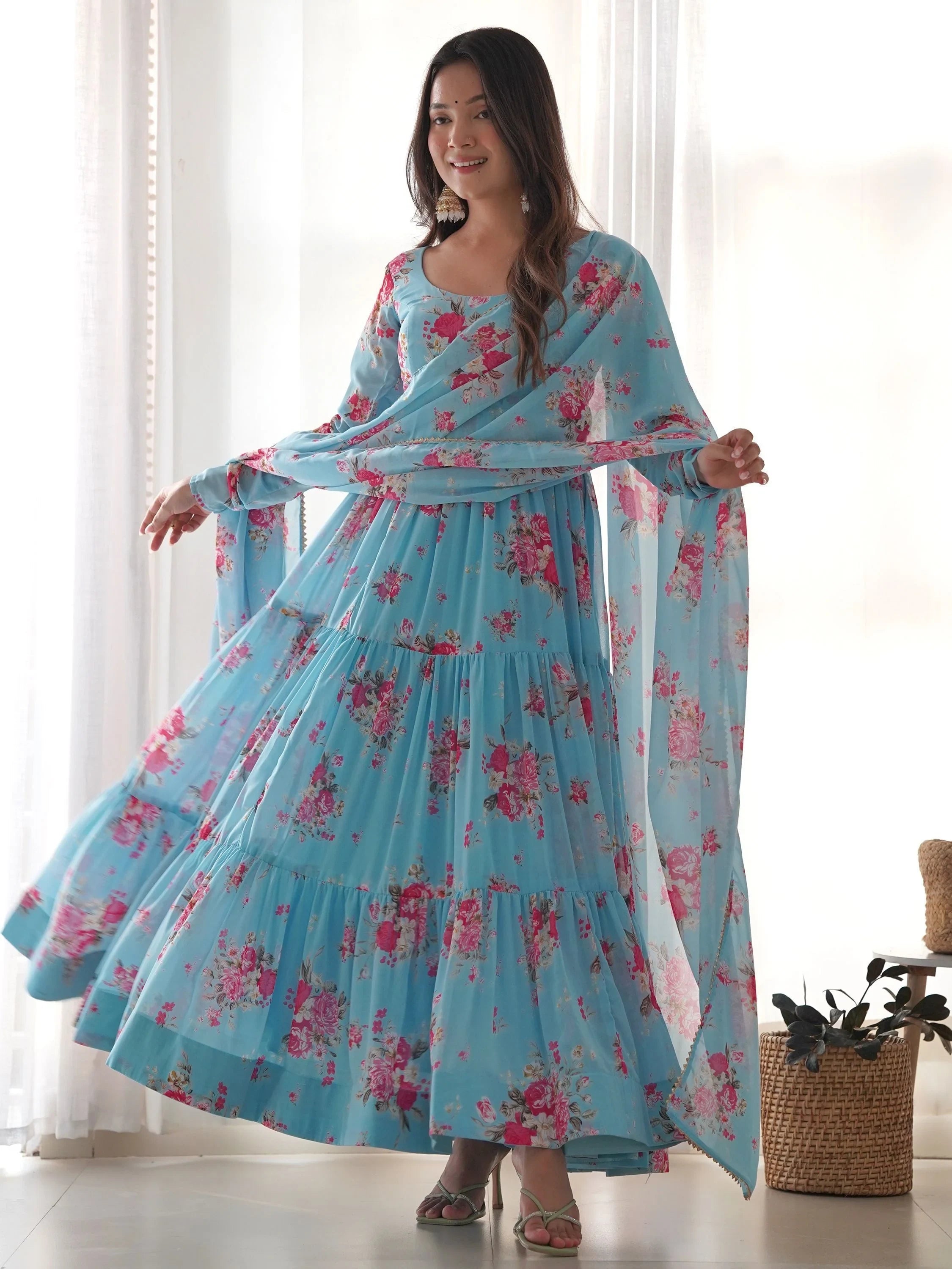 Sky Blue Stylish Floral Printed Georgette Anarkali Pant Suit