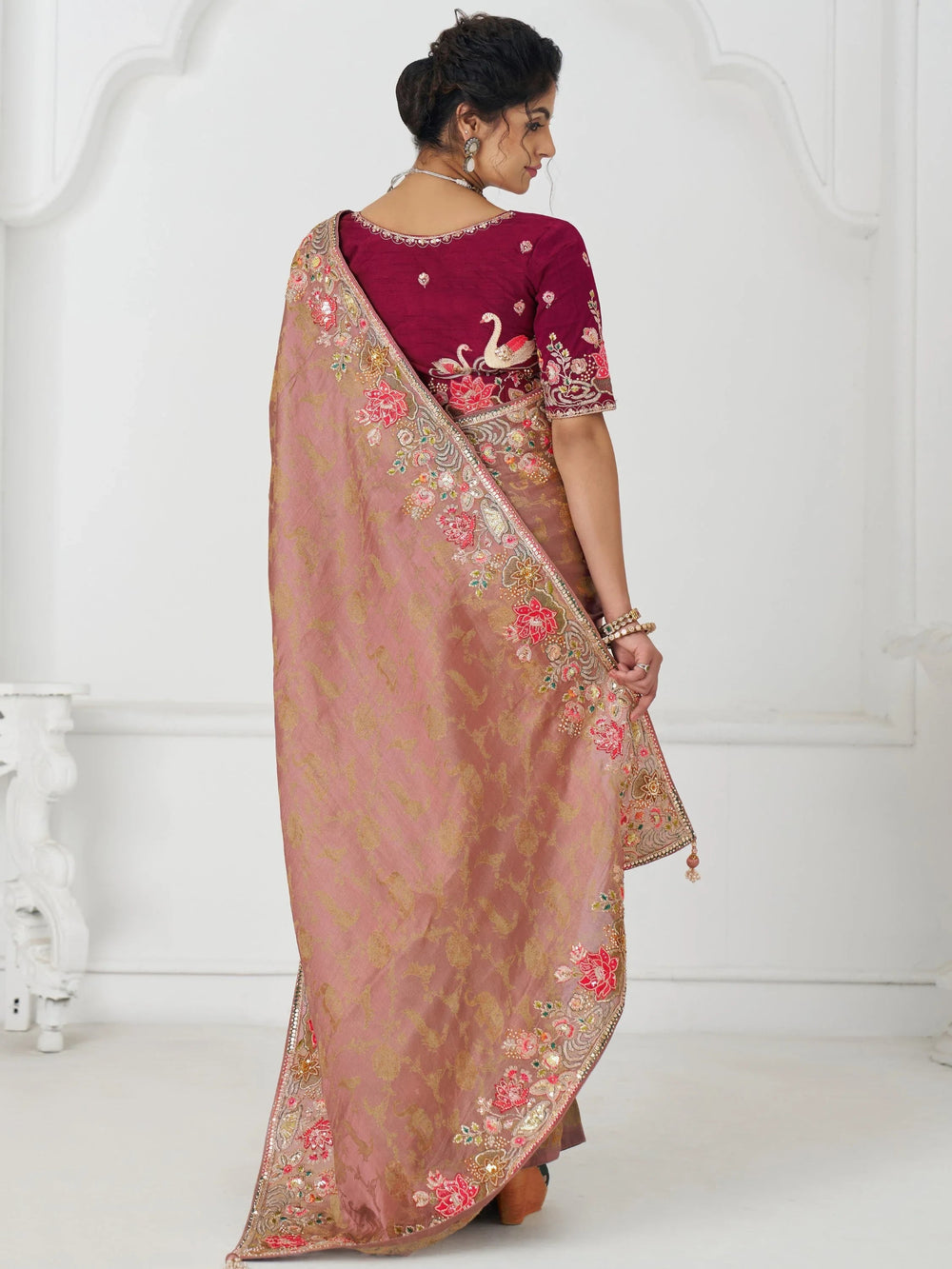 Peach Multi-Thread Work Viscose Silk Reception Wear Saree