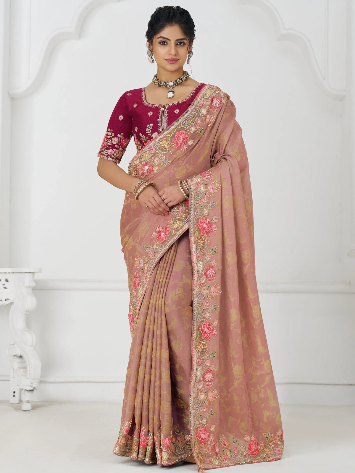 Peach Multi-Thread Work Viscose Silk Reception Wear Saree