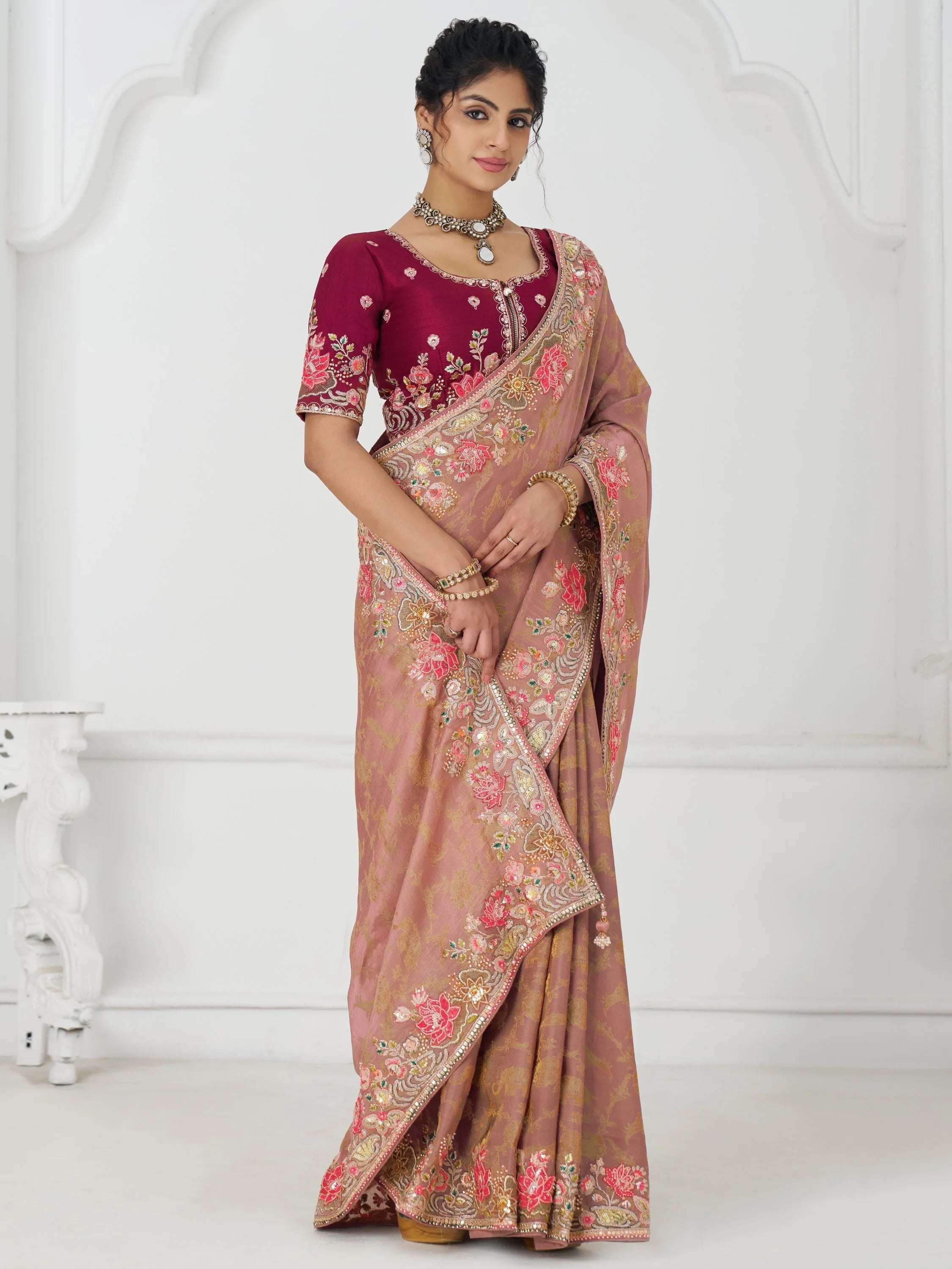 Peach Multi-Thread Work Viscose Silk Reception Wear Saree