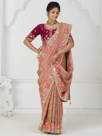 Peach Multi-Thread Work Viscose Silk Reception Wear Saree