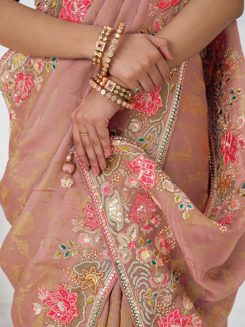 Peach Multi-Thread Work Viscose Silk Reception Wear Saree