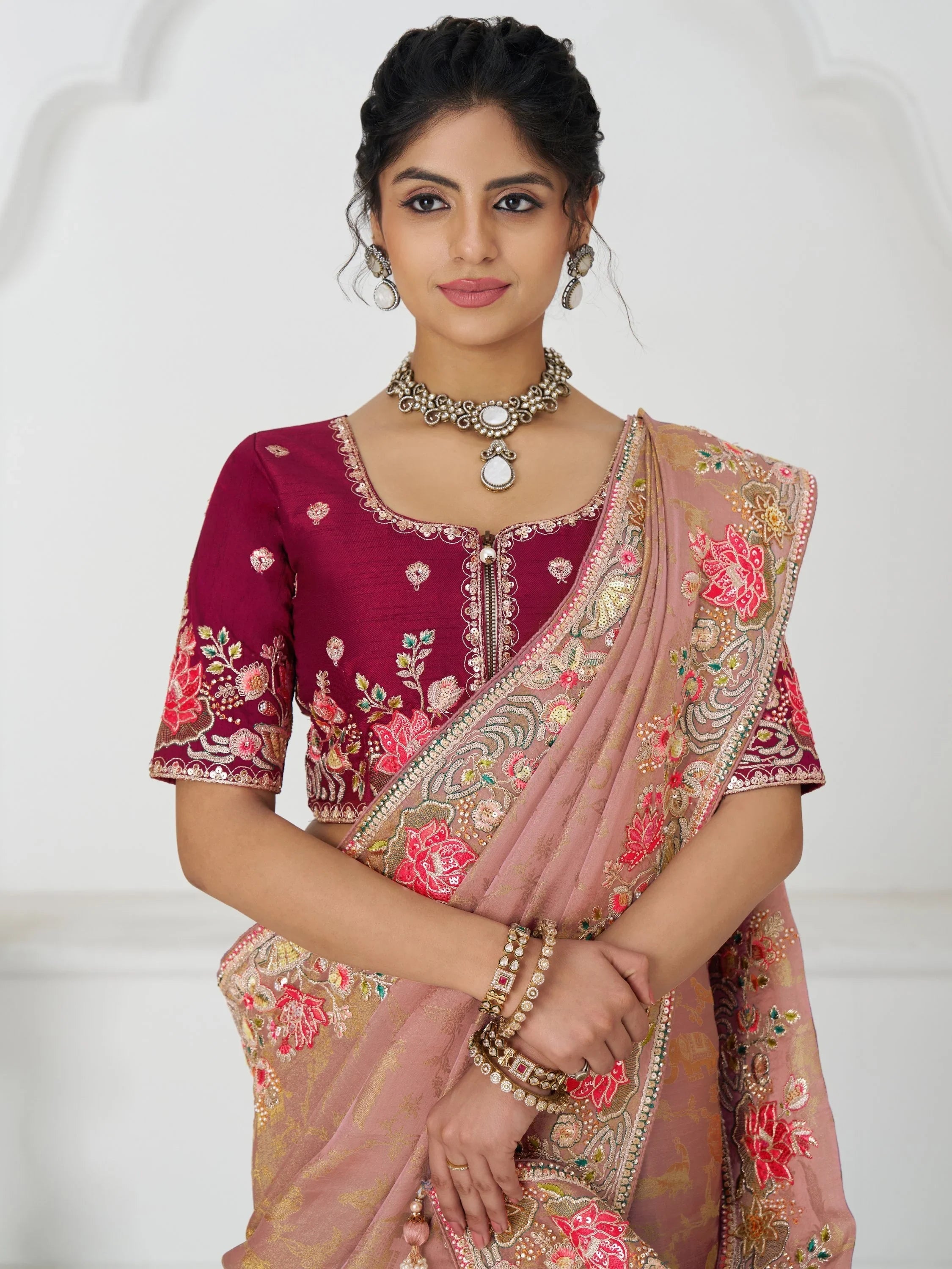 Peach Multi-Thread Work Viscose Silk Reception Wear Saree