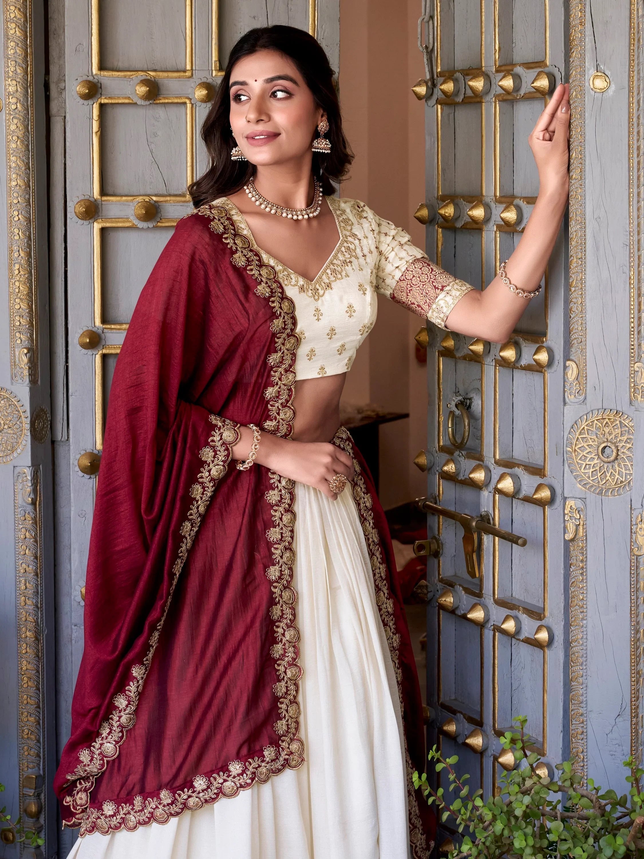 Off-White Vichitra Silk Zari Weaving Border Half Saree Lehenga