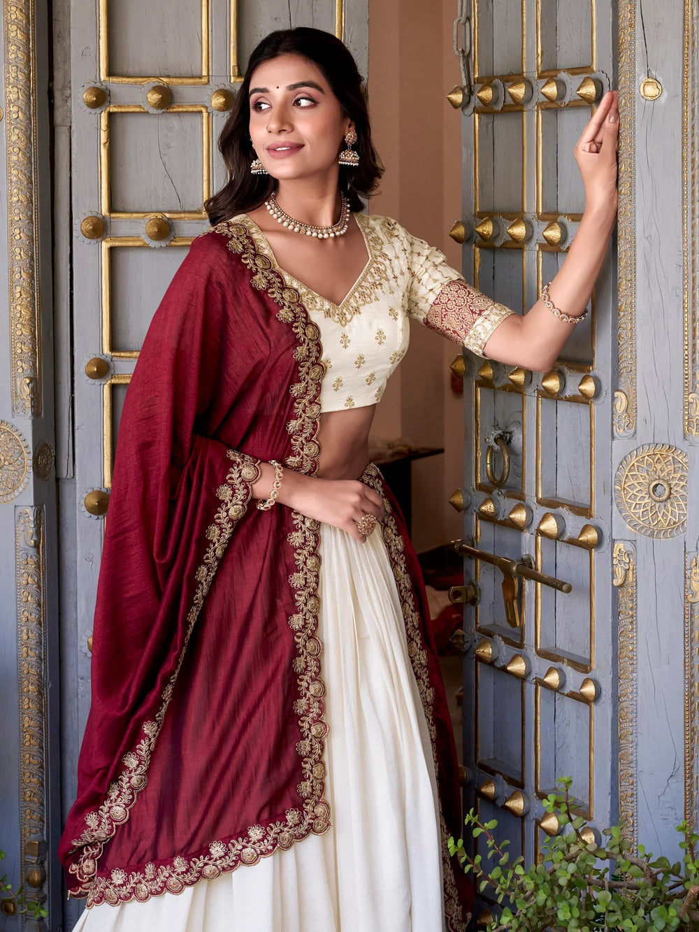 Off-White Vichitra Silk Zari Weaving Border Half Saree Lehenga