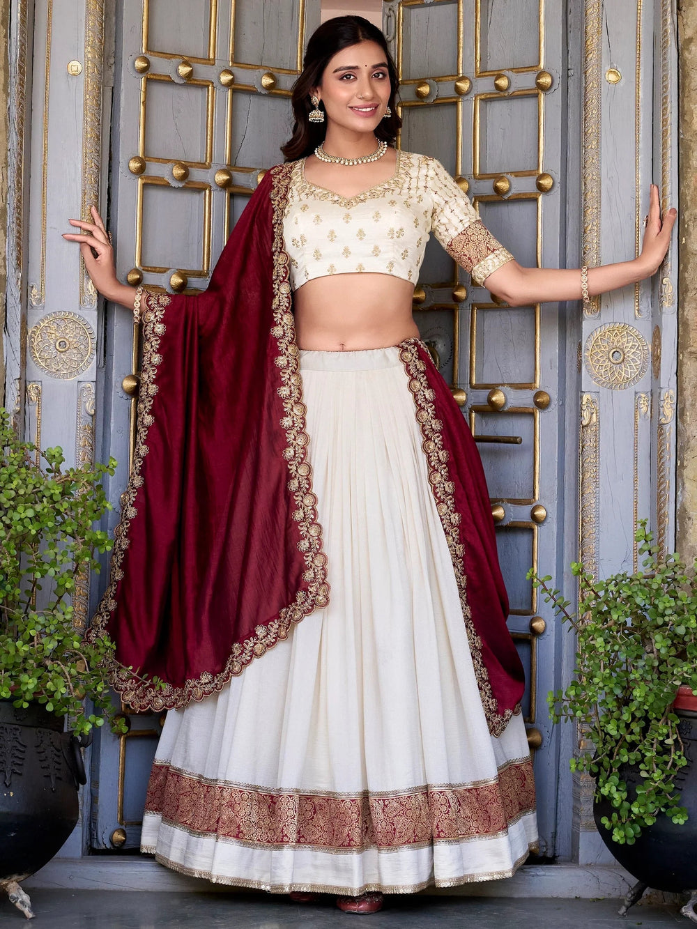 Off-White Vichitra Silk Zari Weaving Border Half Saree Lehenga