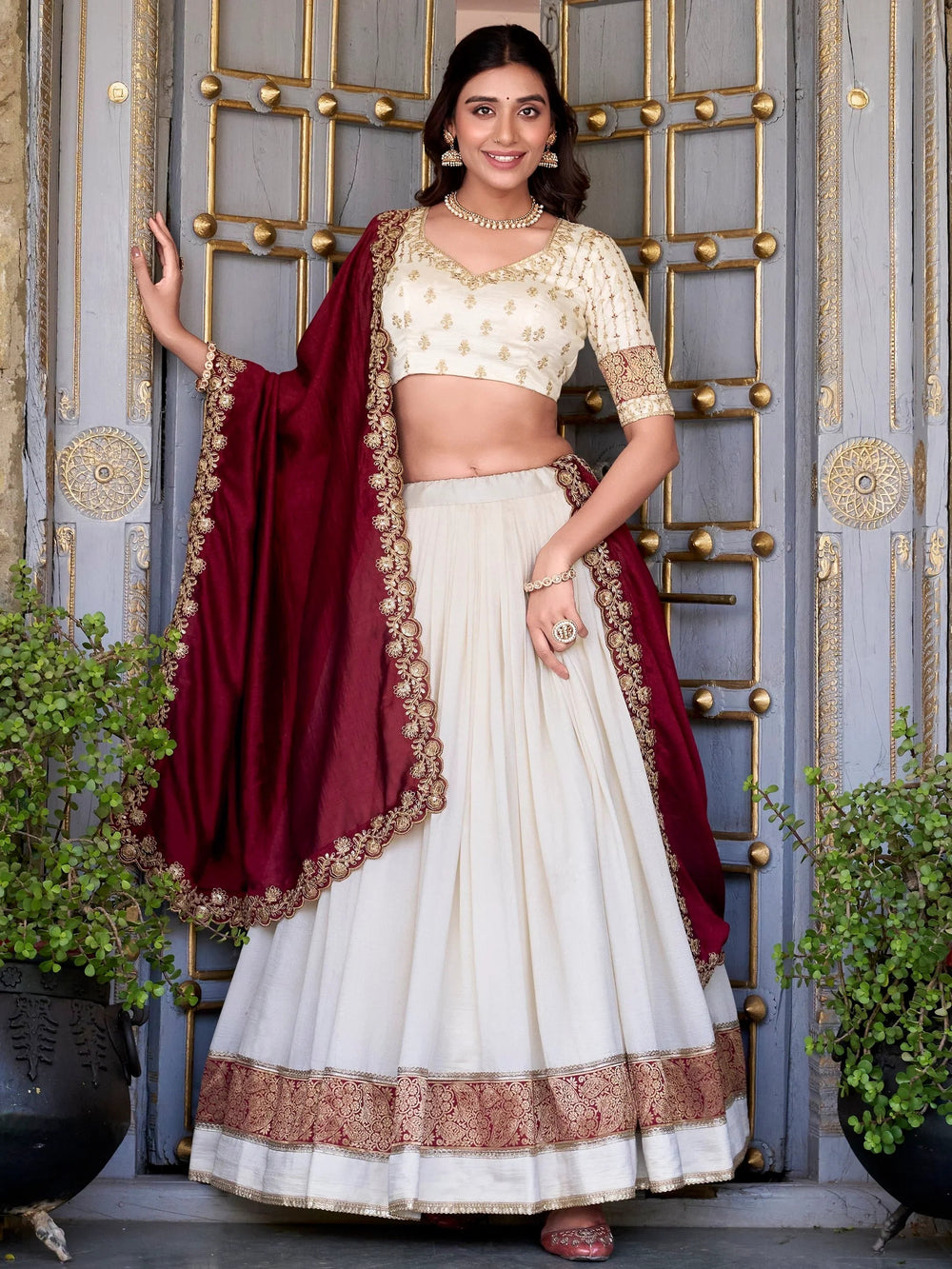 Off-White Vichitra Silk Zari Weaving Border Half Saree Lehenga