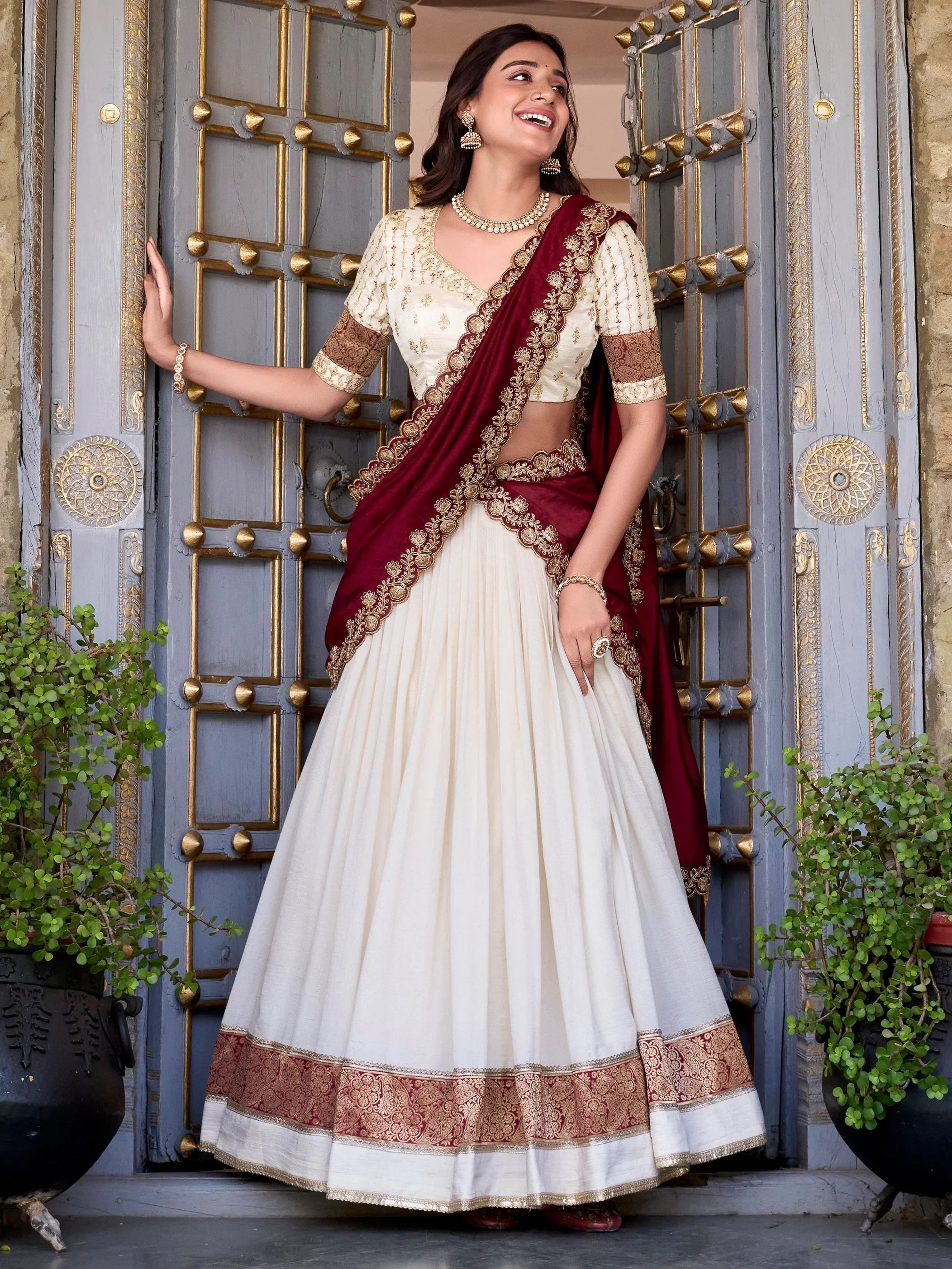 Off-White Vichitra Silk Zari Weaving Border Half Saree Lehenga