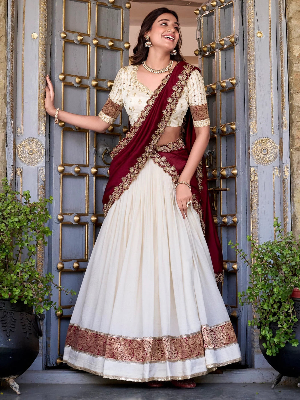 Off-White Vichitra Silk Zari Weaving Border Half Saree Lehenga