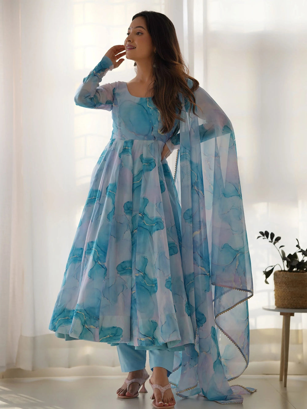 Sky Blue Organza Digital Printed Anarkali Suit for Women