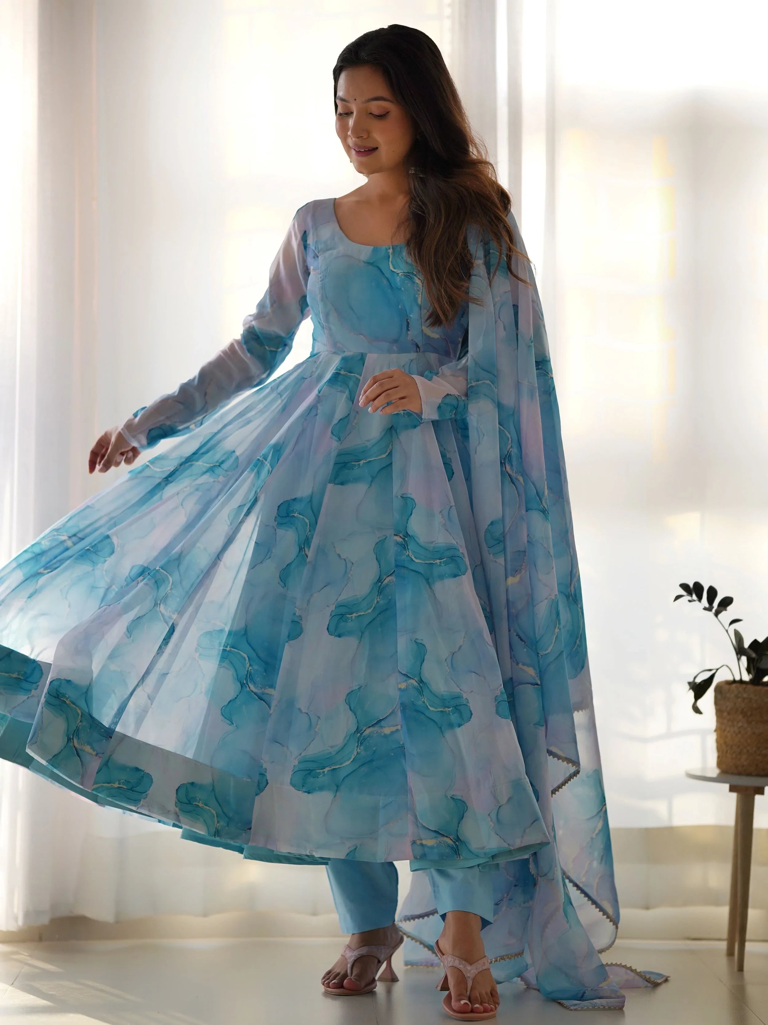 Sky Blue Organza Digital Printed Anarkali Suit for Women