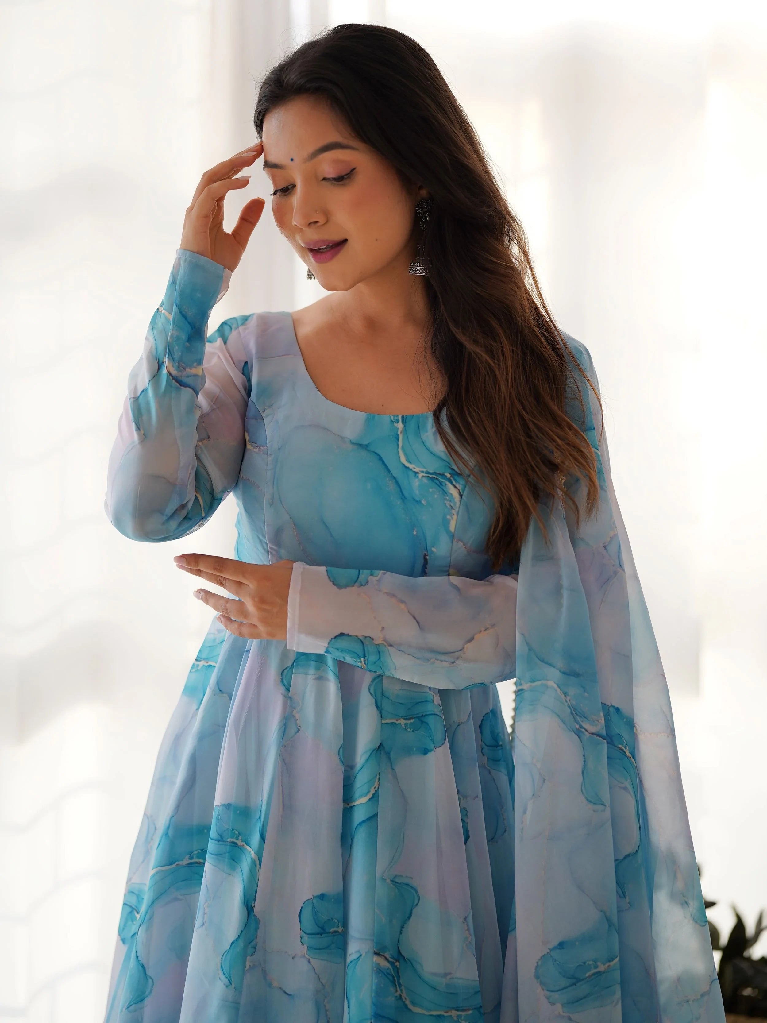 Sky Blue Organza Digital Printed Anarkali Suit for Women