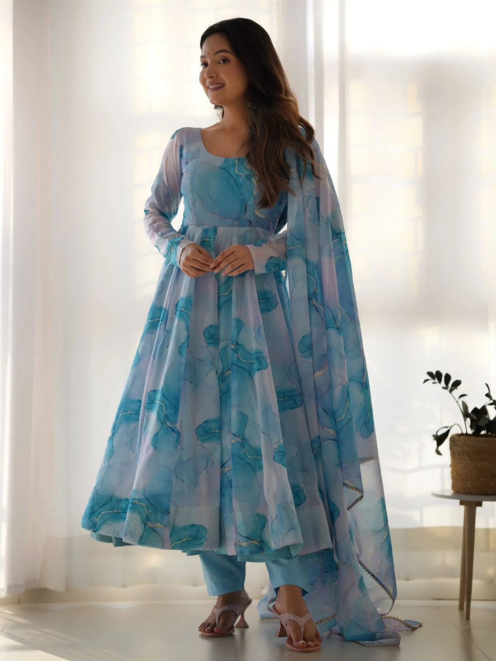 Sky Blue Organza Digital Printed Anarkali Suit for Women