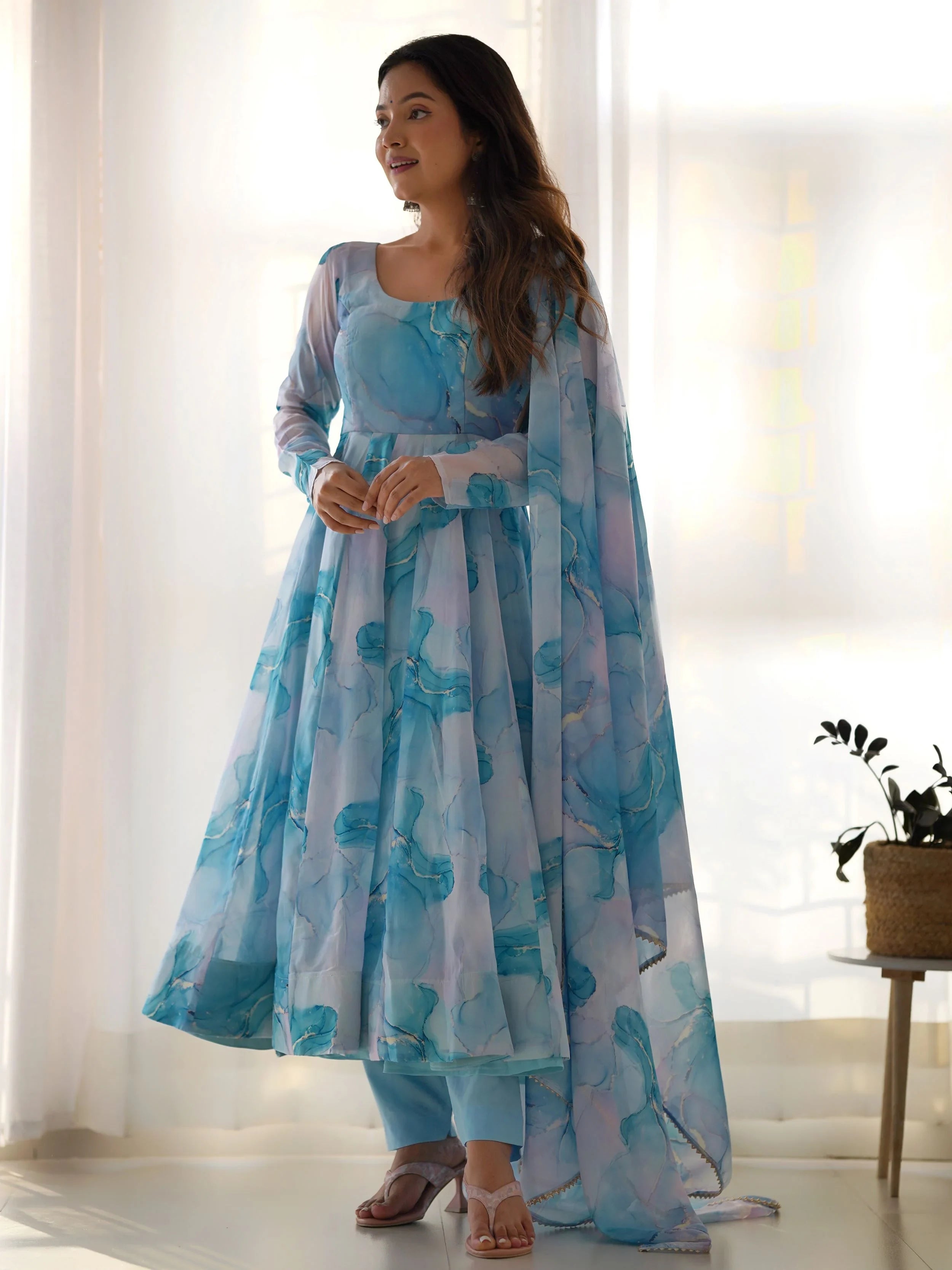 Sky Blue Organza Digital Printed Anarkali Suit for Women
