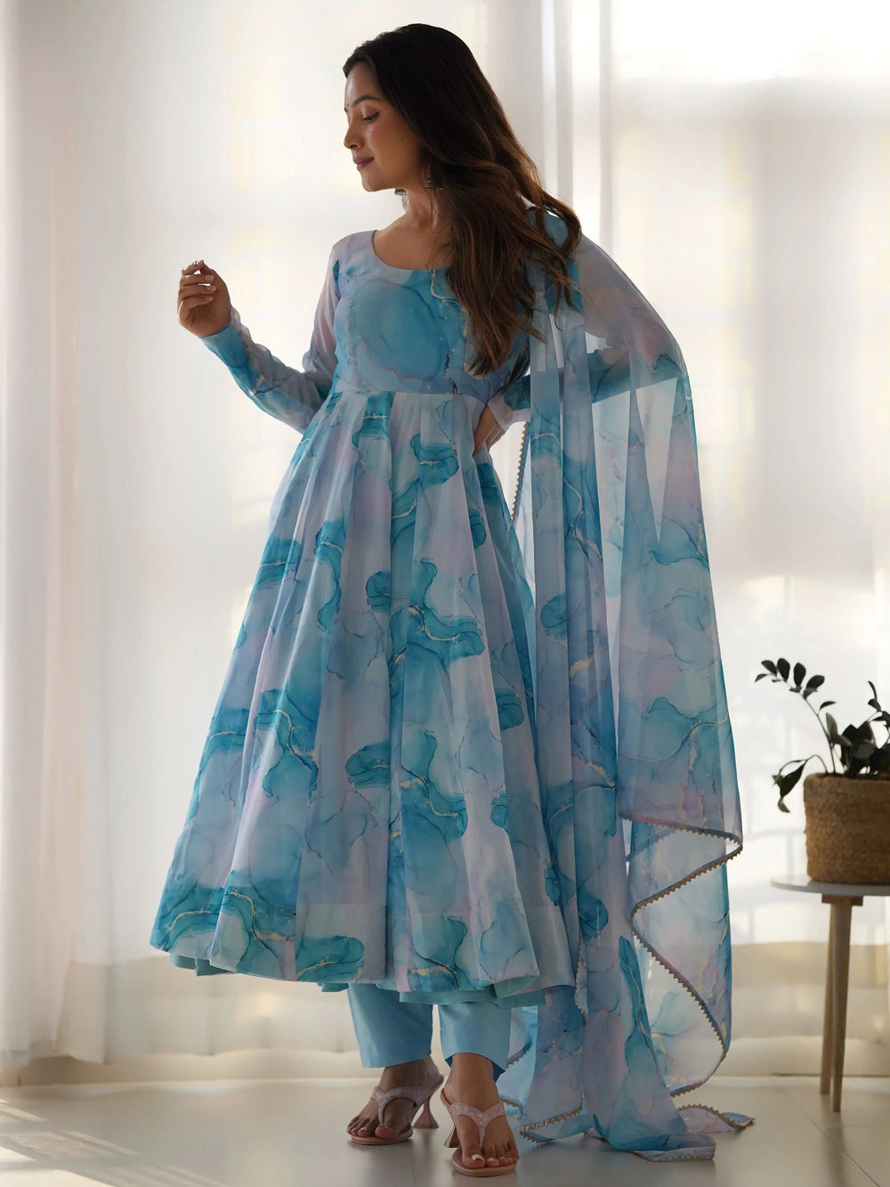Sky Blue Organza Digital Printed Anarkali Suit for Women