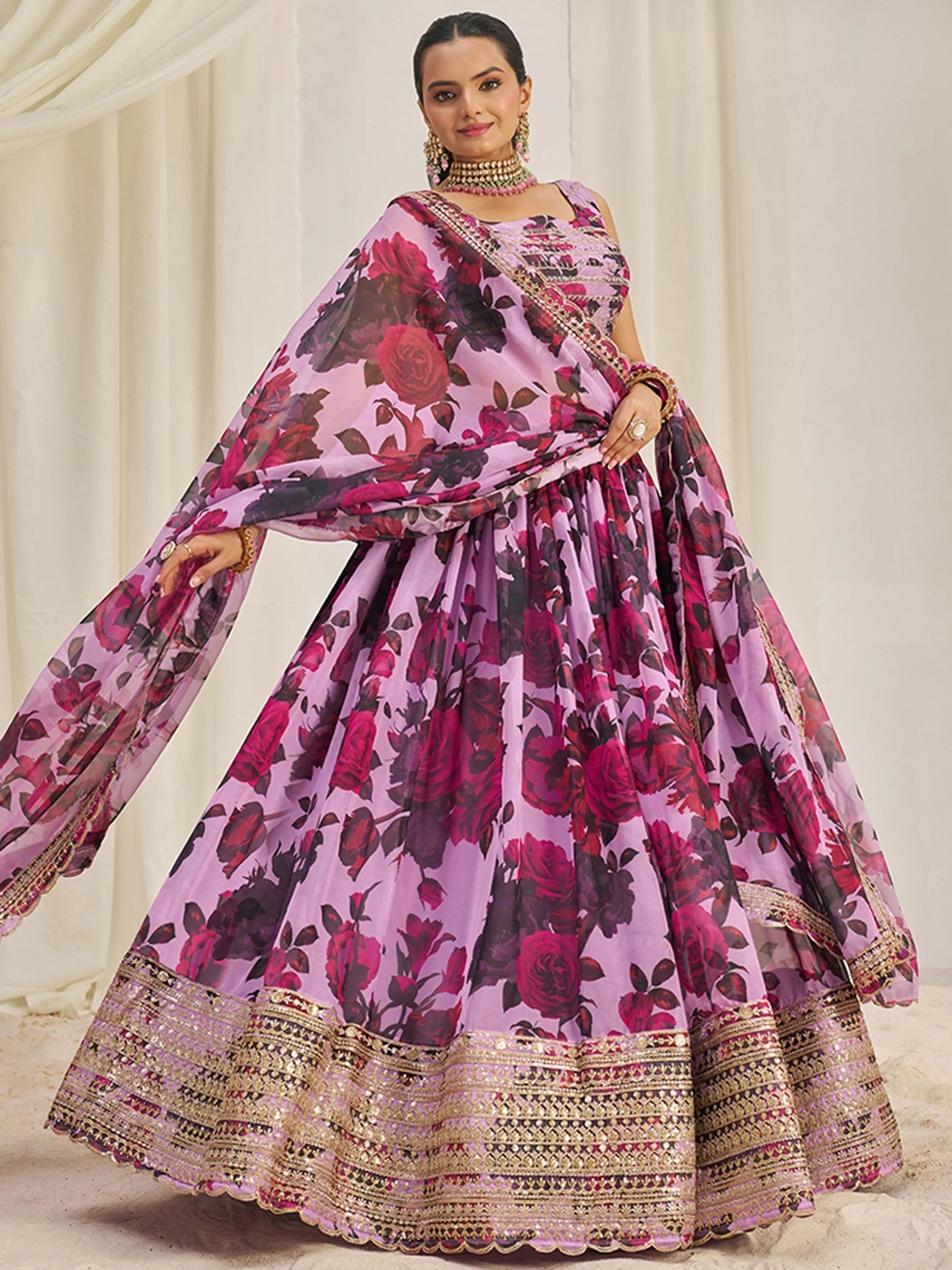 Baby Pink Tantalizing Floral Printed Organza Mehendi Wear Lehenga Choli for Women