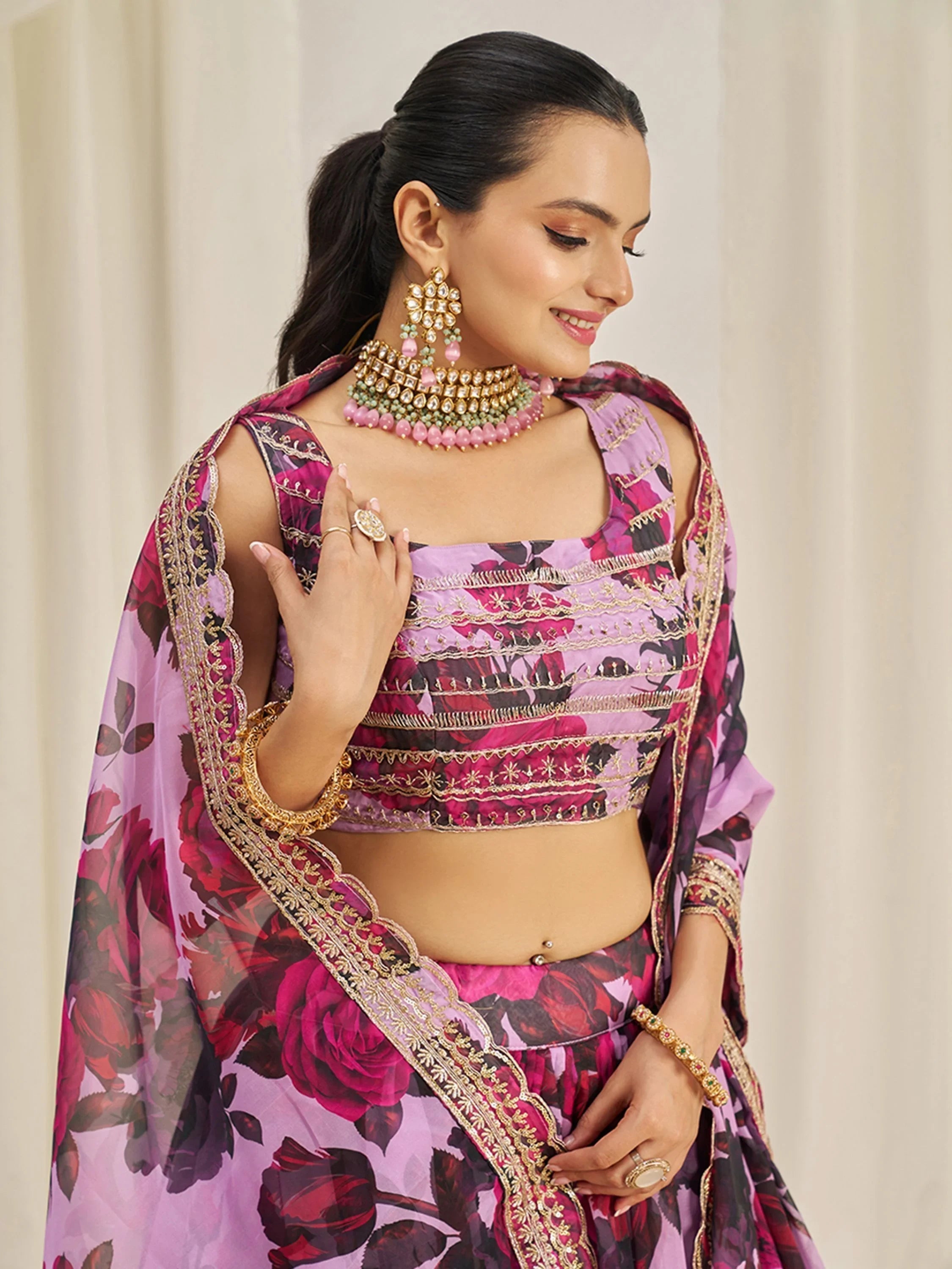 Baby Pink Tantalizing Floral Printed Organza Mehendi Wear Lehenga Choli for Women
