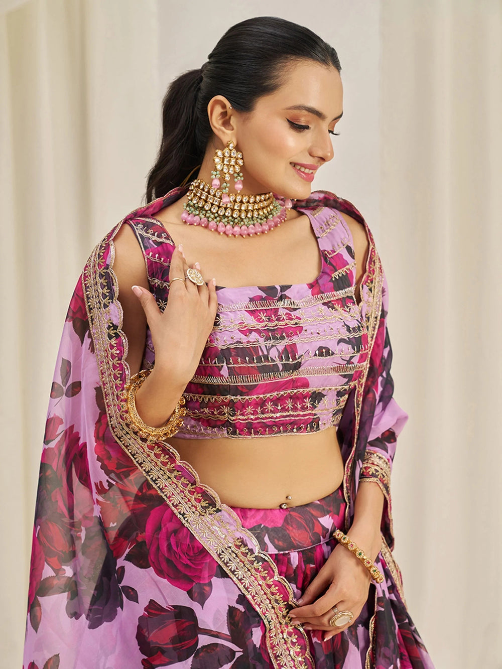 Baby Pink Tantalizing Floral Printed Organza Mehendi Wear Lehenga Choli for Women