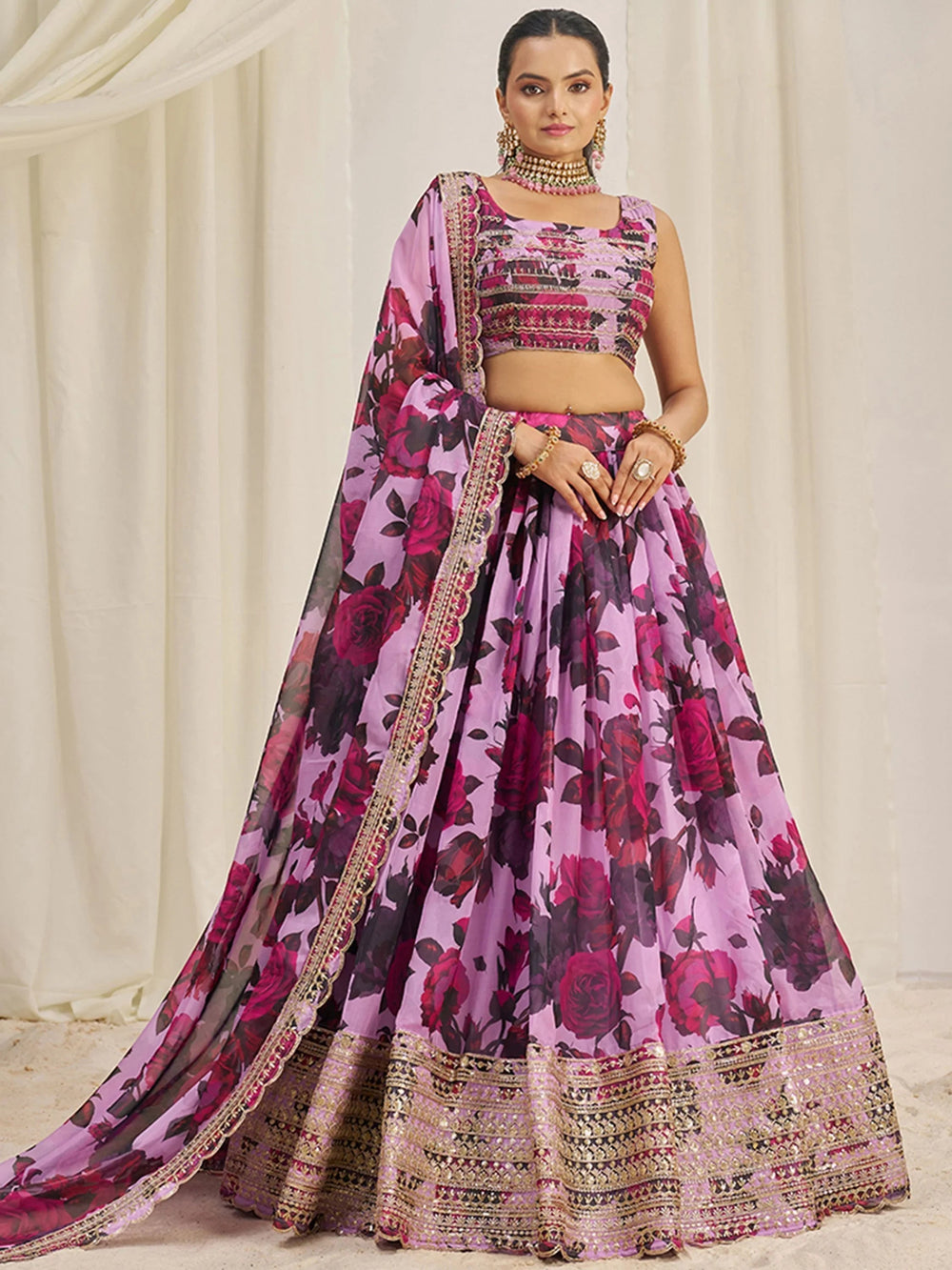 Baby Pink Tantalizing Floral Printed Organza Mehendi Wear Lehenga Choli for Women