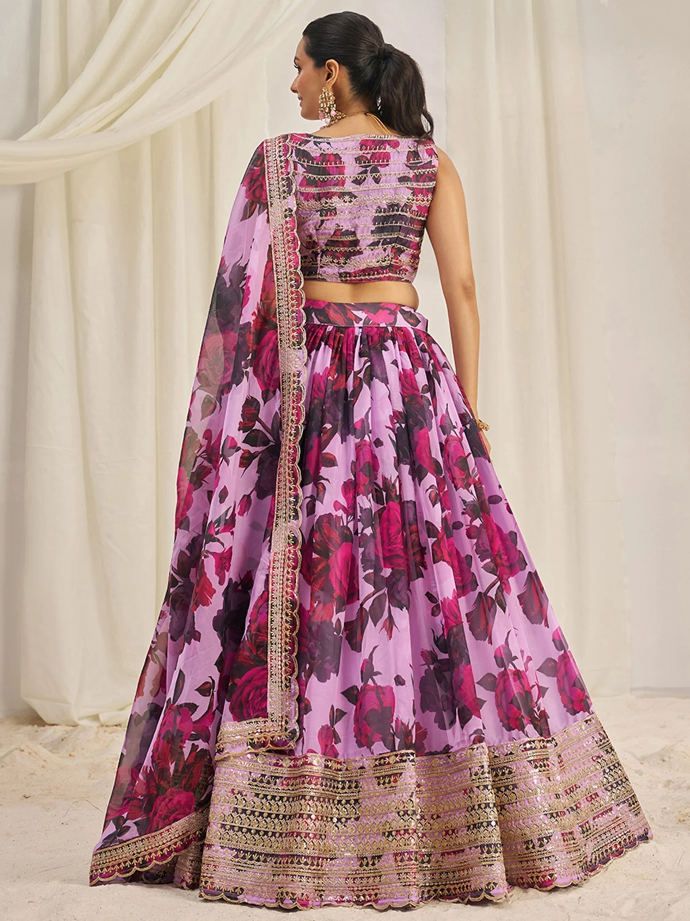 Baby Pink Tantalizing Floral Printed Organza Mehendi Wear Lehenga Choli for Women