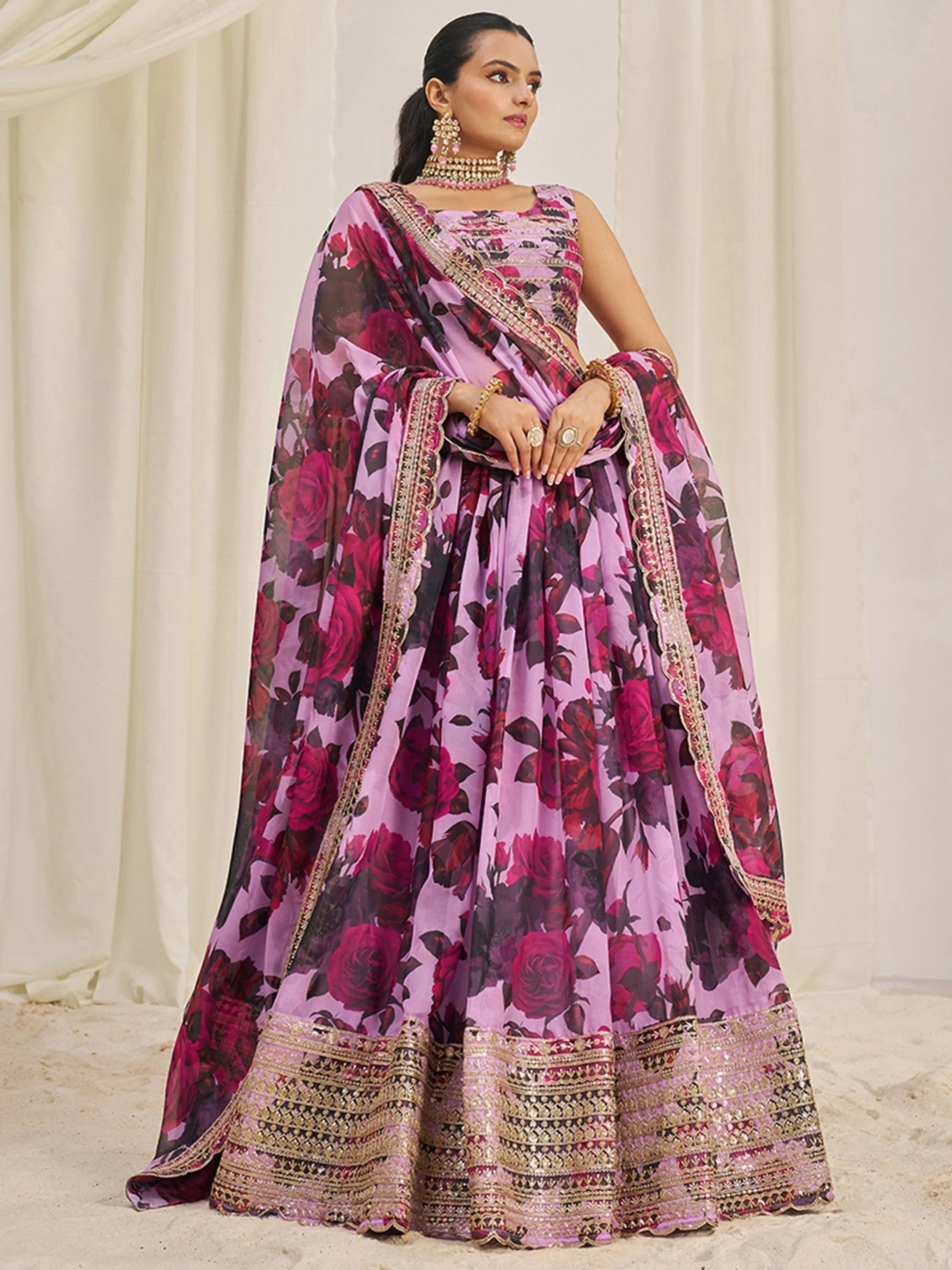 Baby Pink Tantalizing Floral Printed Organza Mehendi Wear Lehenga Choli for Women