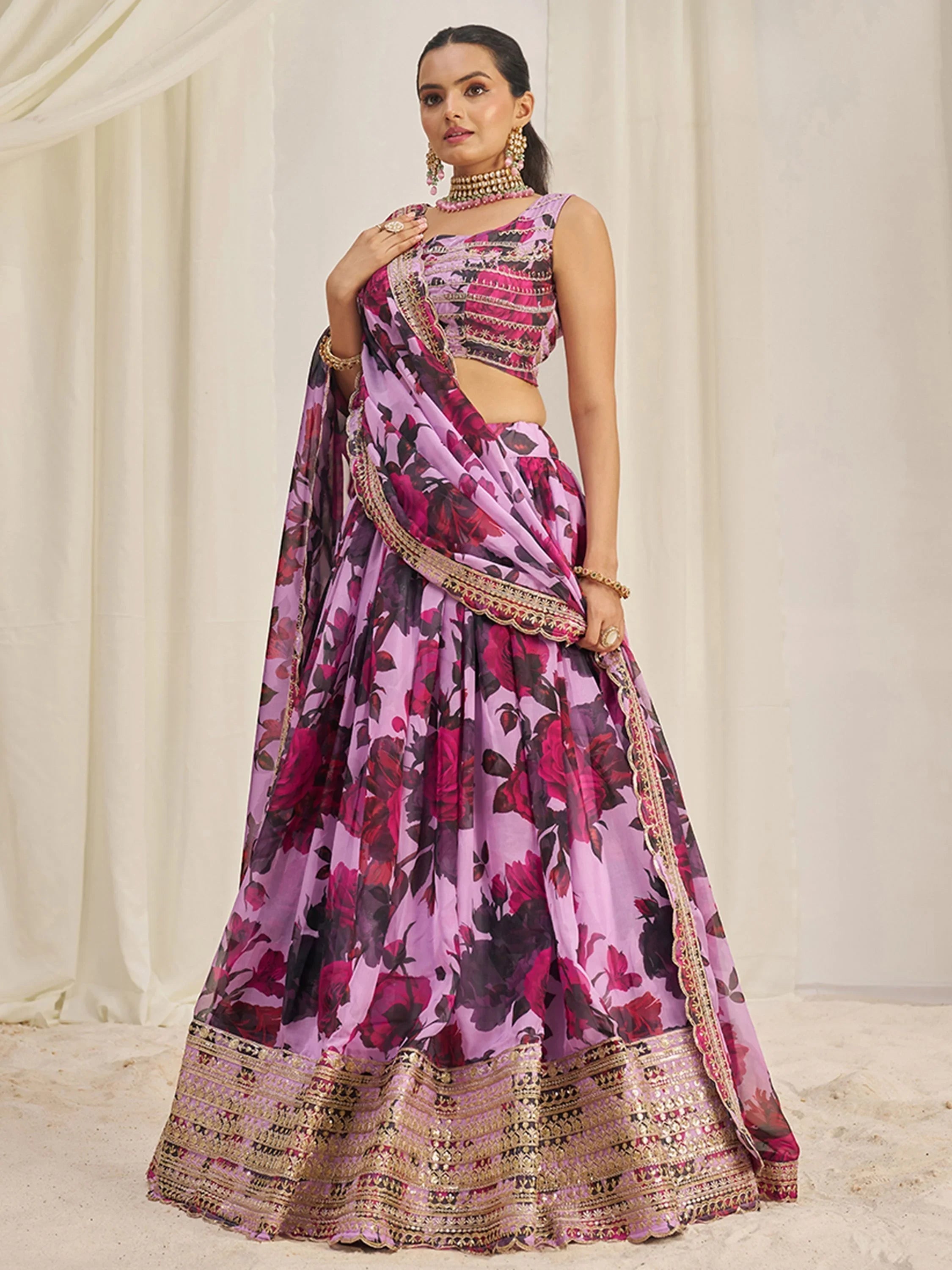 Baby Pink Tantalizing Floral Printed Organza Mehendi Wear Lehenga Choli for Women