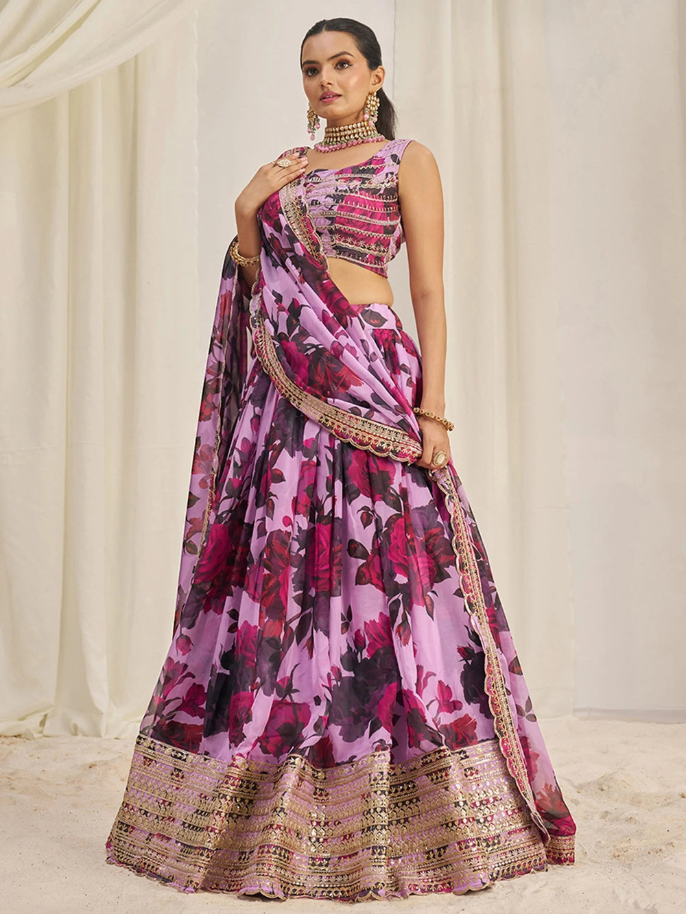 Baby Pink Tantalizing Floral Printed Organza Mehendi Wear Lehenga Choli for Women