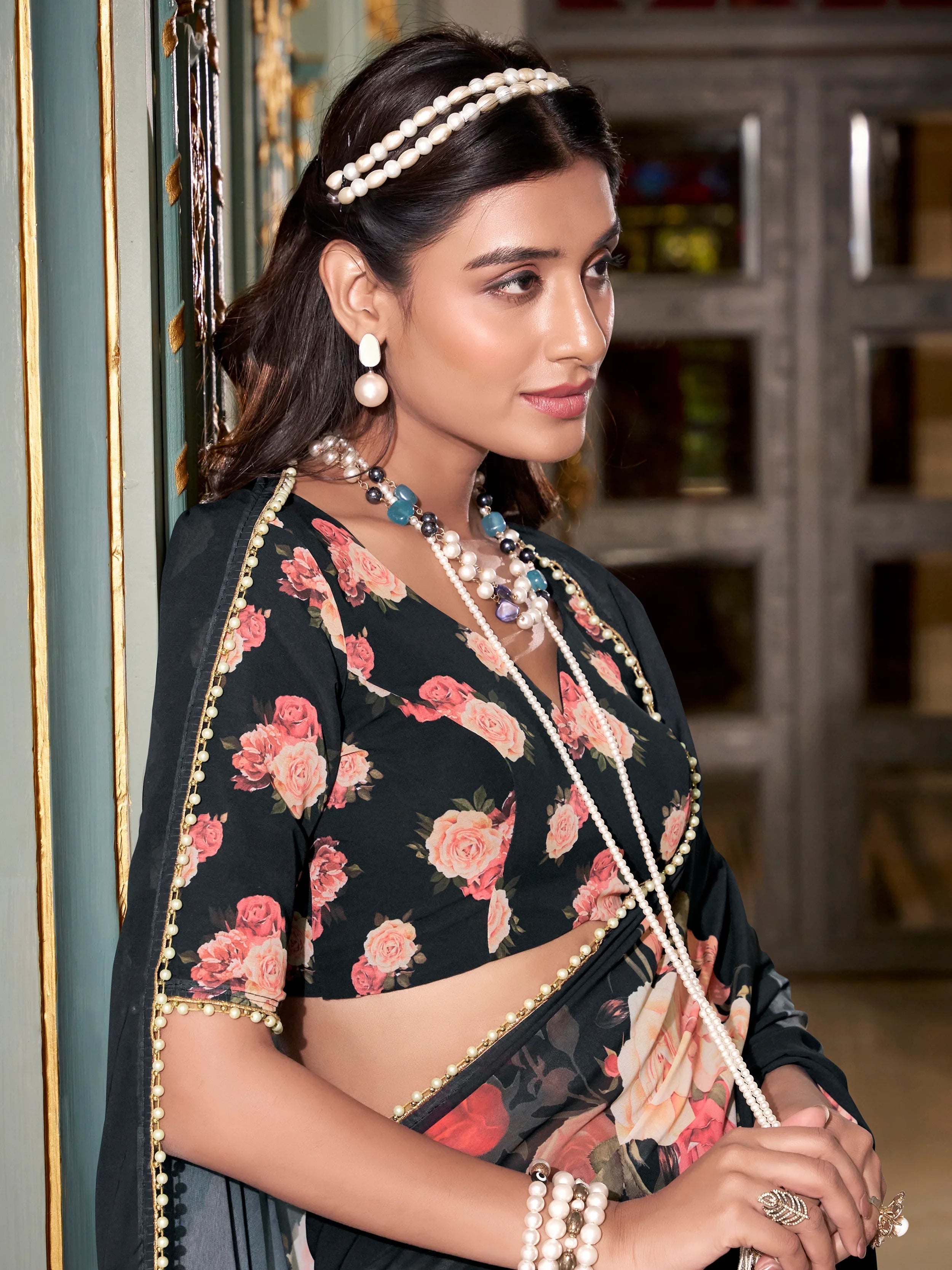 Black Floral Printed Saree With Blouse