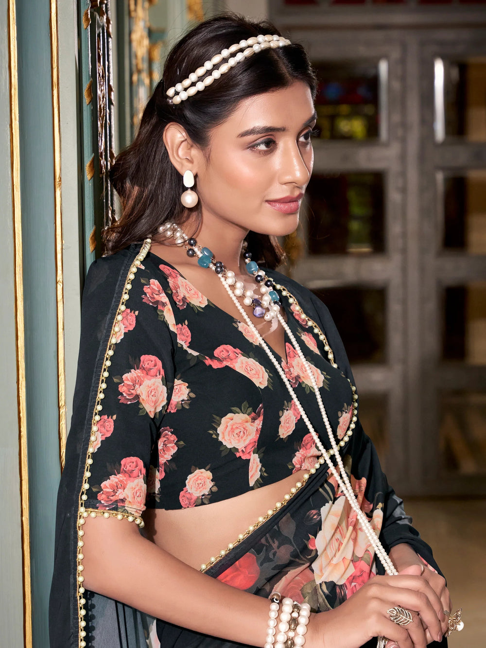 Black Floral Printed Saree With Blouse