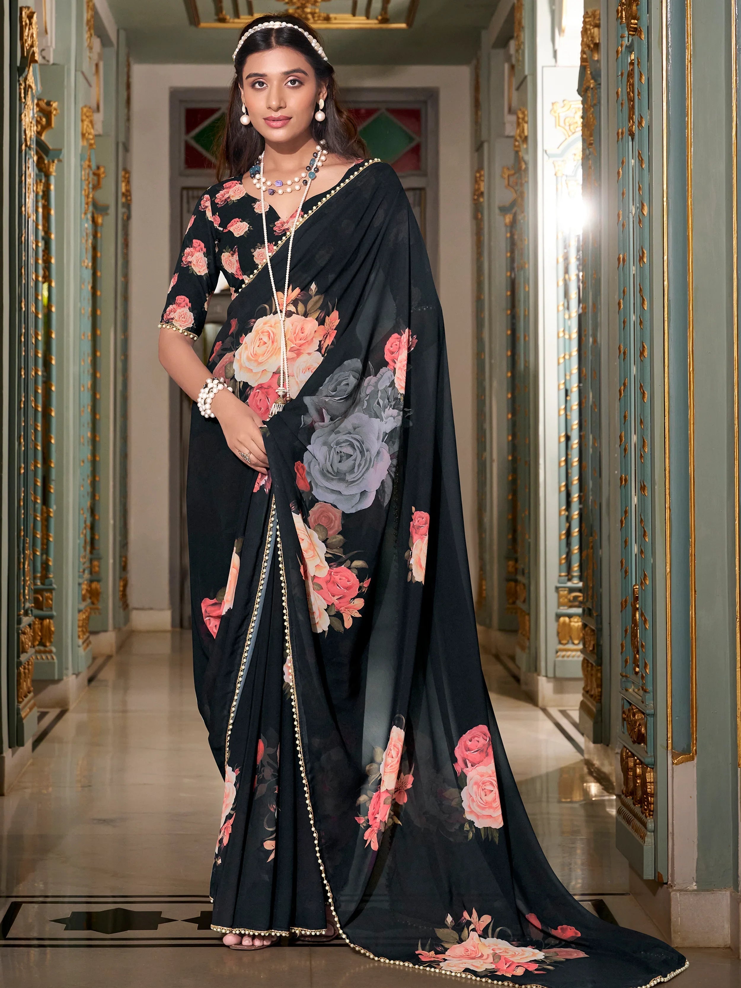 Black Floral Printed Saree With Blouse