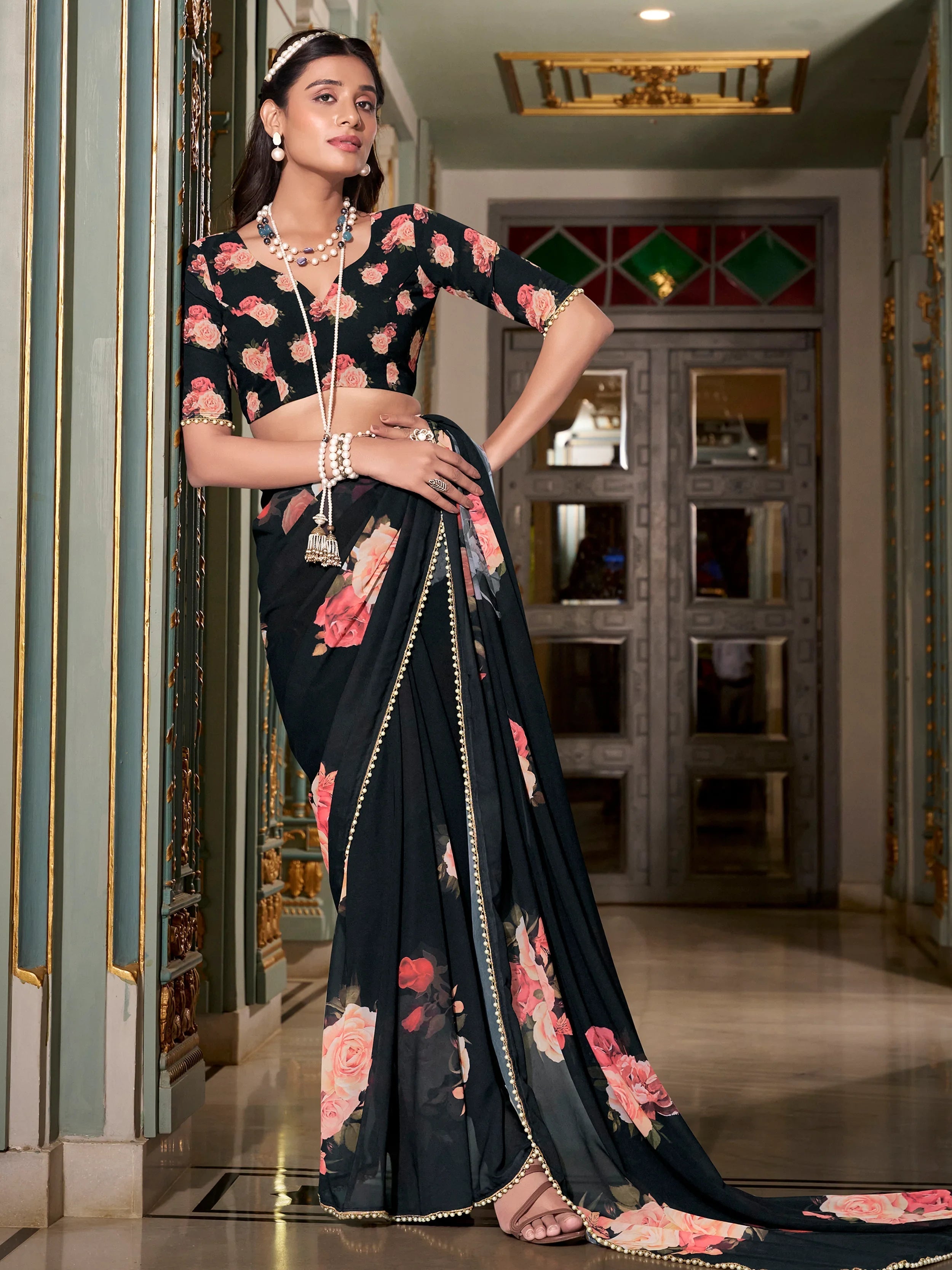 Black Floral Printed Saree With Blouse