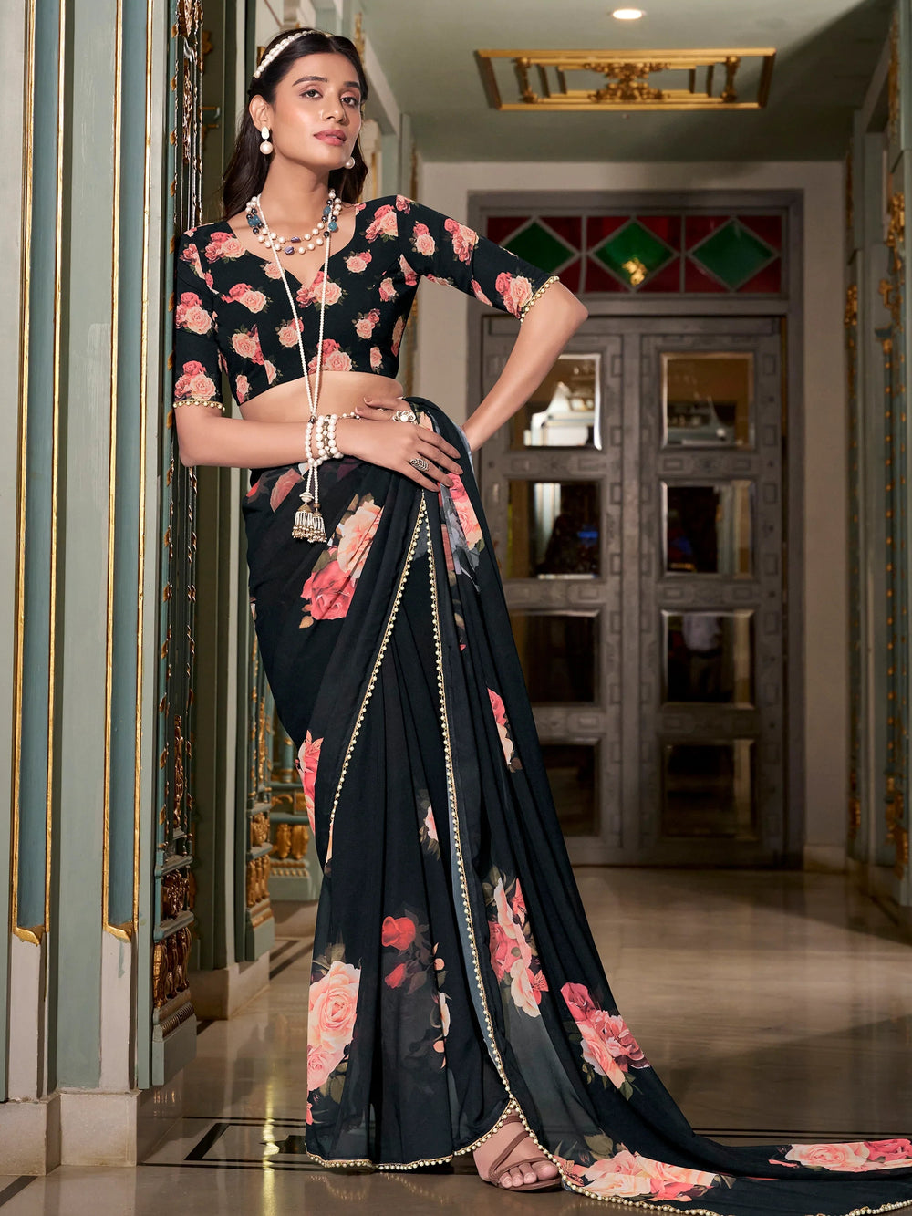 Black Floral Printed Saree With Blouse