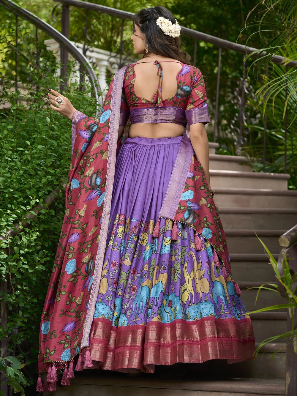 Lavender Dola Silk Kalamkari Printed Function Lehenga Choli