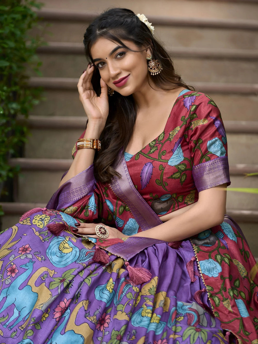 Lavender Dola Silk Kalamkari Printed Function Lehenga Choli