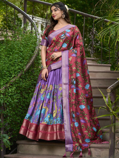 Lavender Dola Silk Kalamkari Printed Function Lehenga Choli