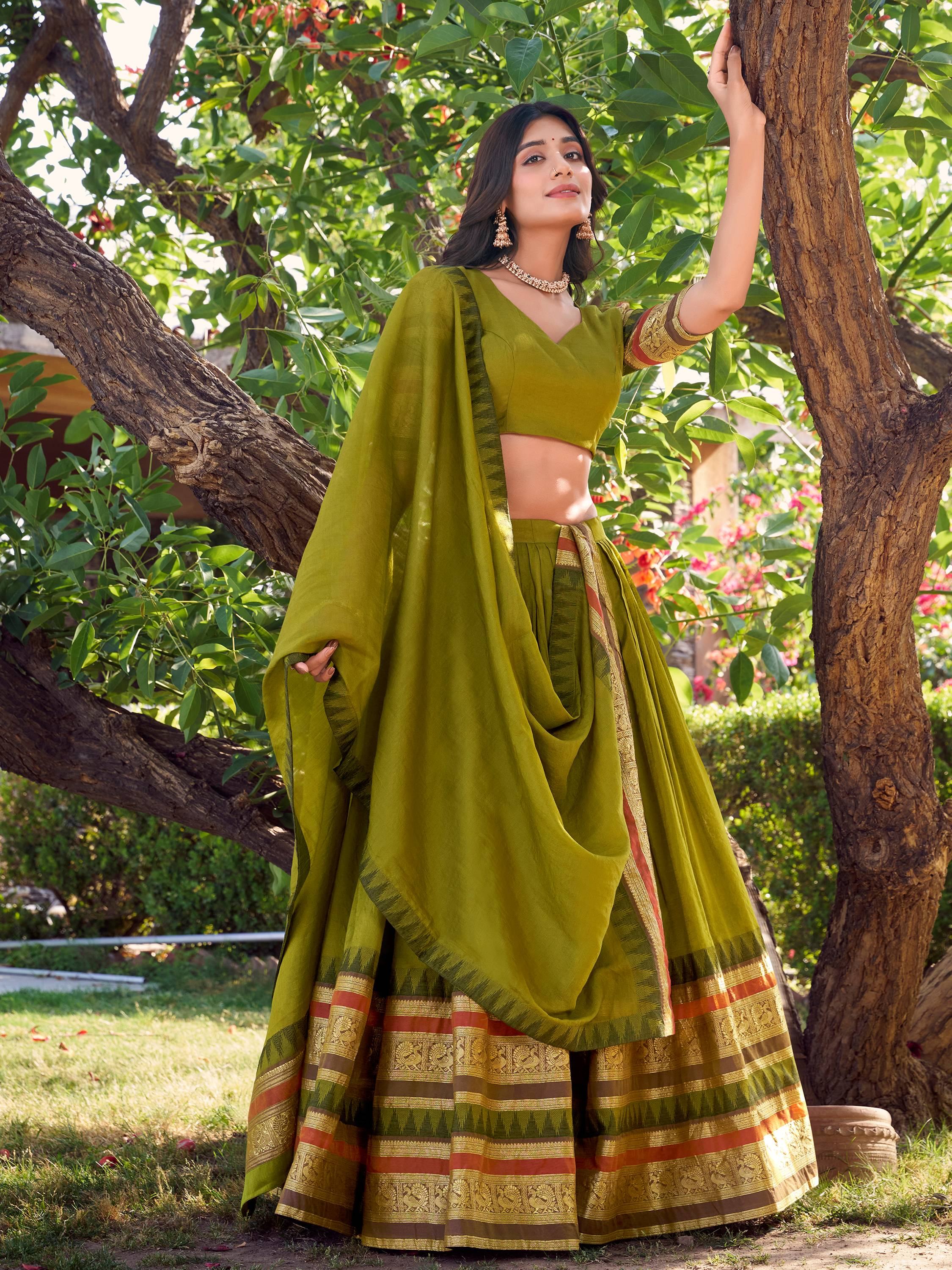 Mehendi Green Chanderi Silk Zari Weaving Lehenga Choli