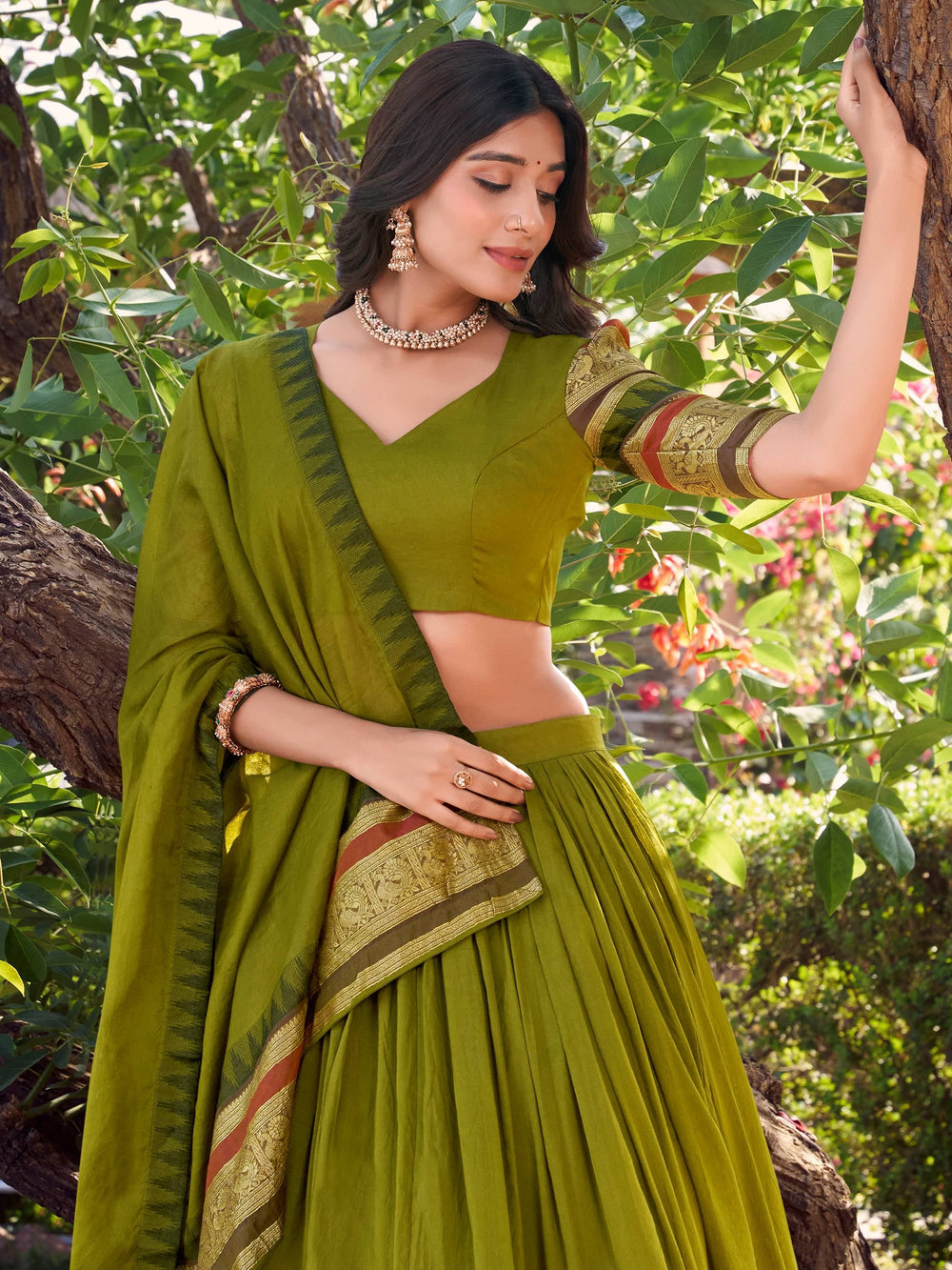 Mehendi Green Chanderi Silk Zari Weaving Lehenga Choli