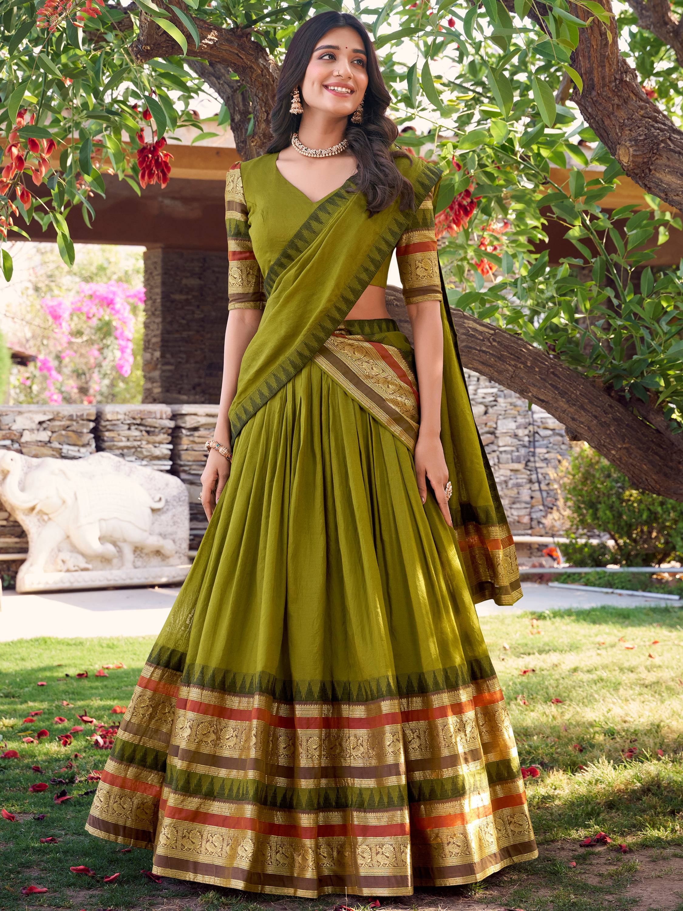Mehendi Green Chanderi Silk Zari Weaving Lehenga Choli