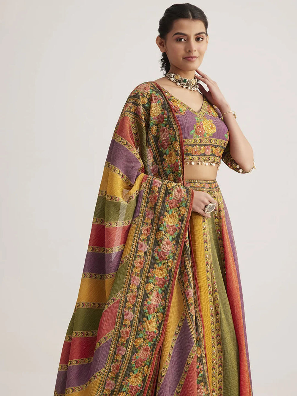 Multi-Color Floral Printed Organza Traditional Lehenga Choli for Women