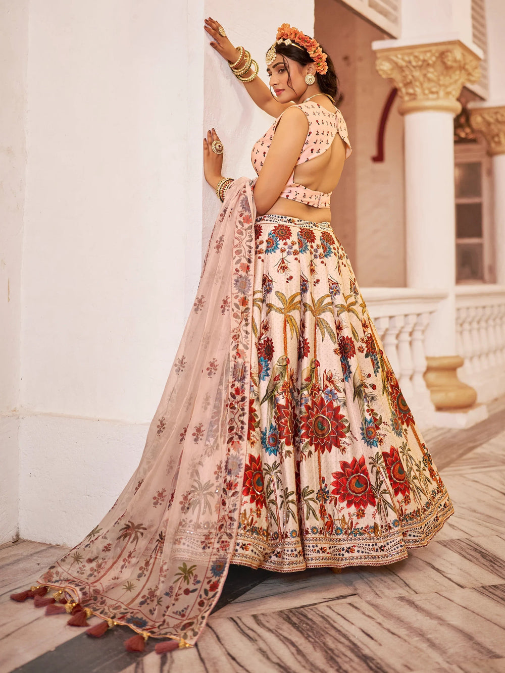 Off-White Printed Traditional Lehenga Choli With Organza Dupatta for Women
