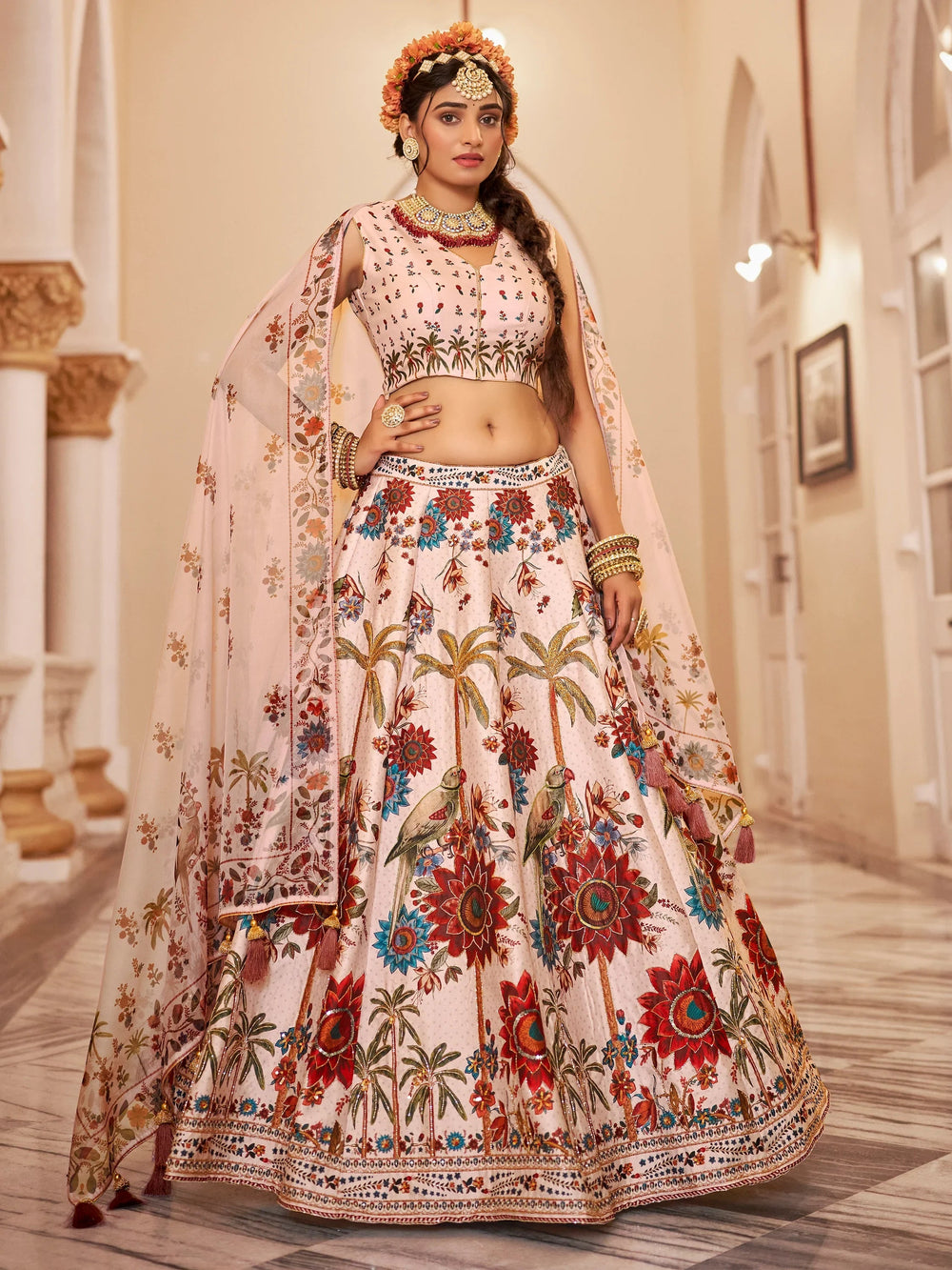 Off-White Printed Traditional Lehenga Choli With Organza Dupatta for Women