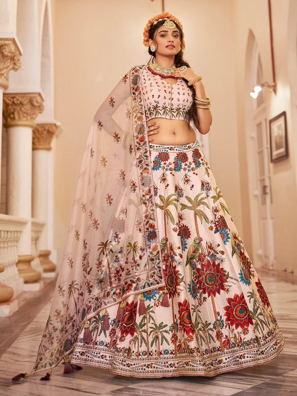 Off-White Printed Traditional Lehenga Choli With Organza Dupatta for Women